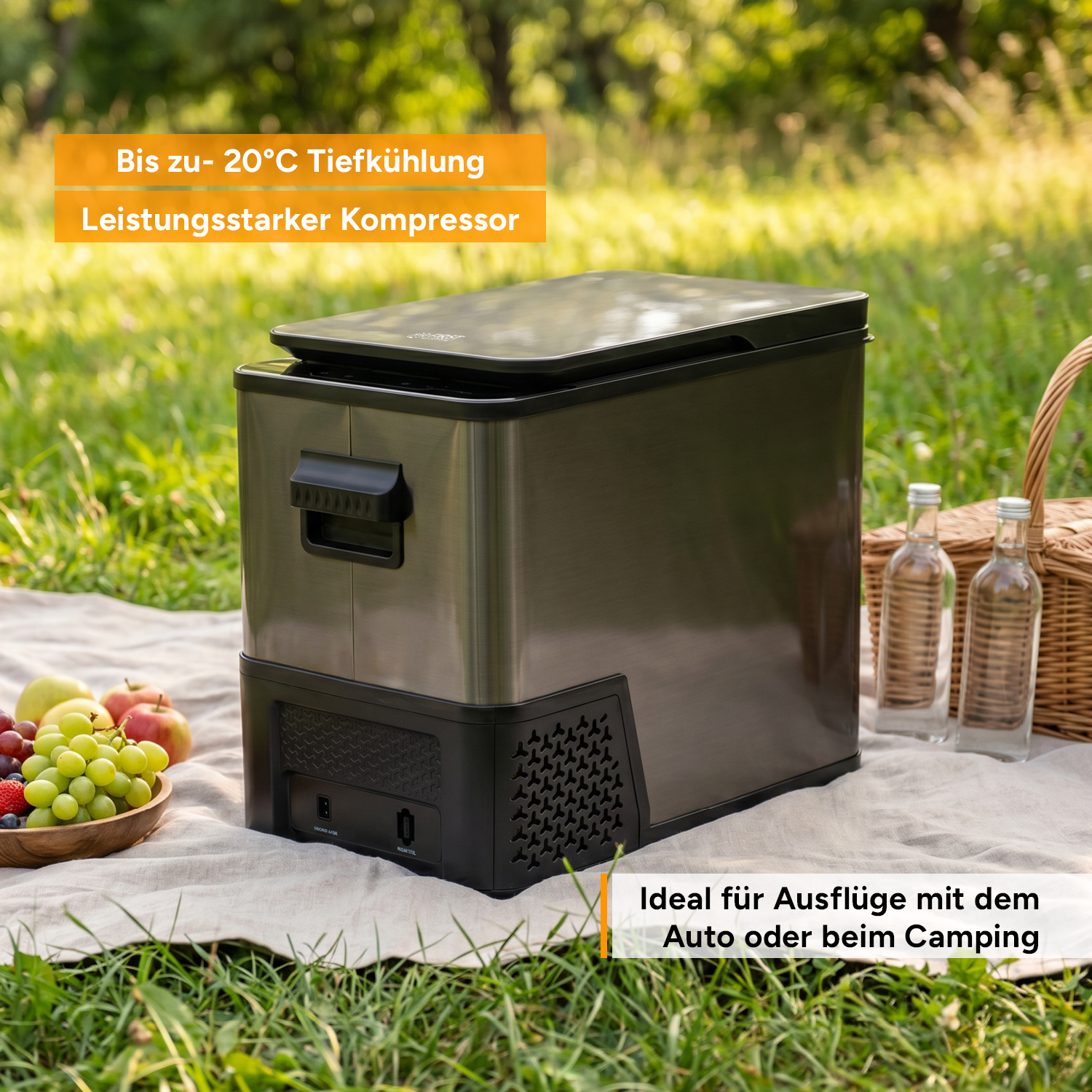 Eine graue Kühlbox steht auf einer Picknickdecke im Grünen, mit Früchten und Flaschen daneben.