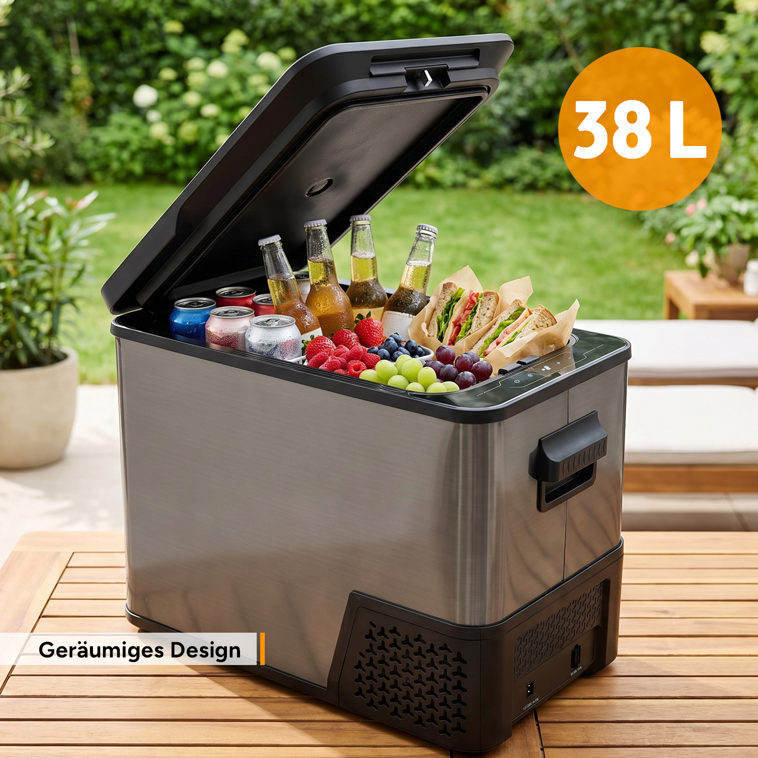Eine offene Kühlbox auf einem Holztisch, gefüllt mit Getränken, Sandwiches und frischen Beeren im Garten.