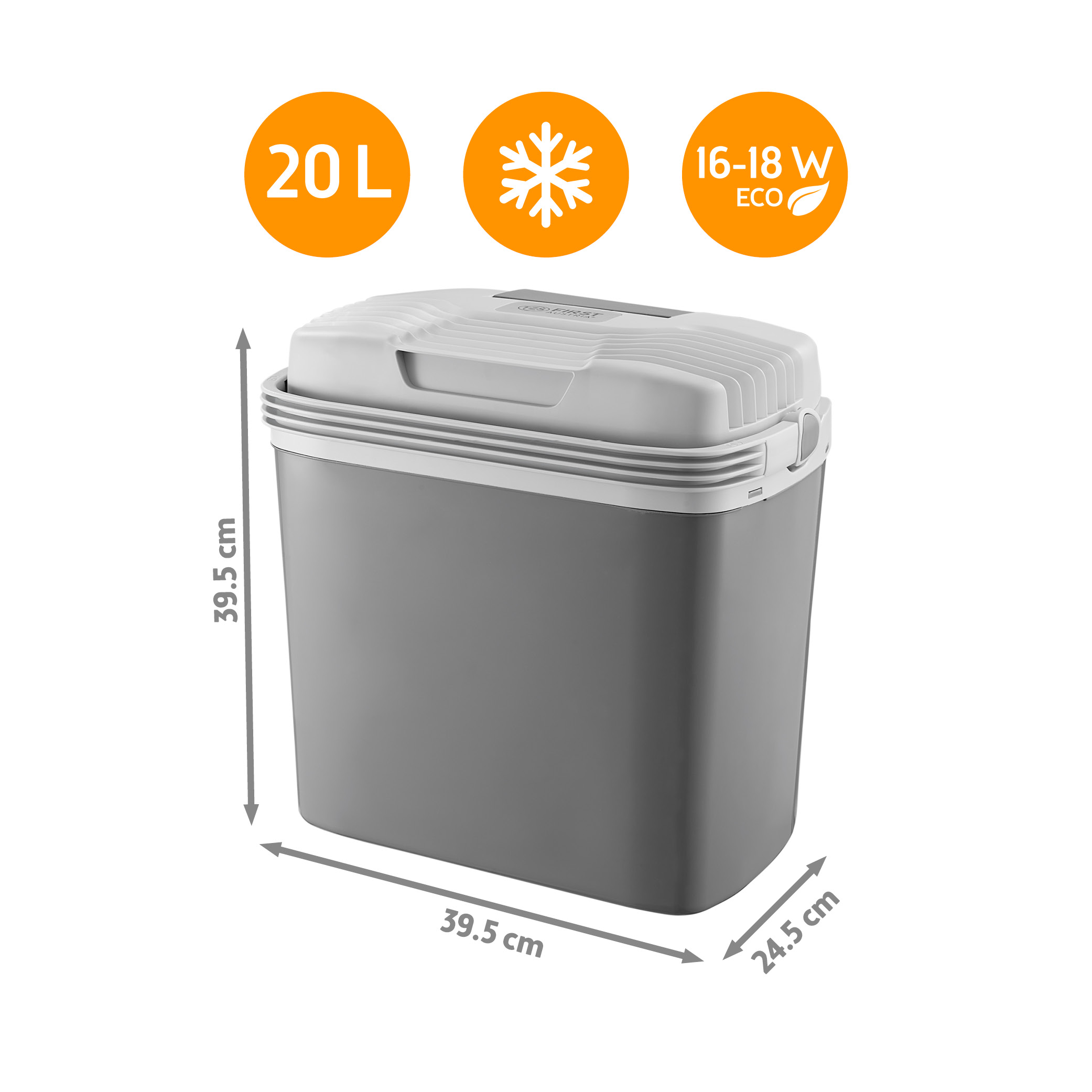 Graue K ühlbox mit Maßen, 20L Fassungsvermögen und Energiesparsymbolen.