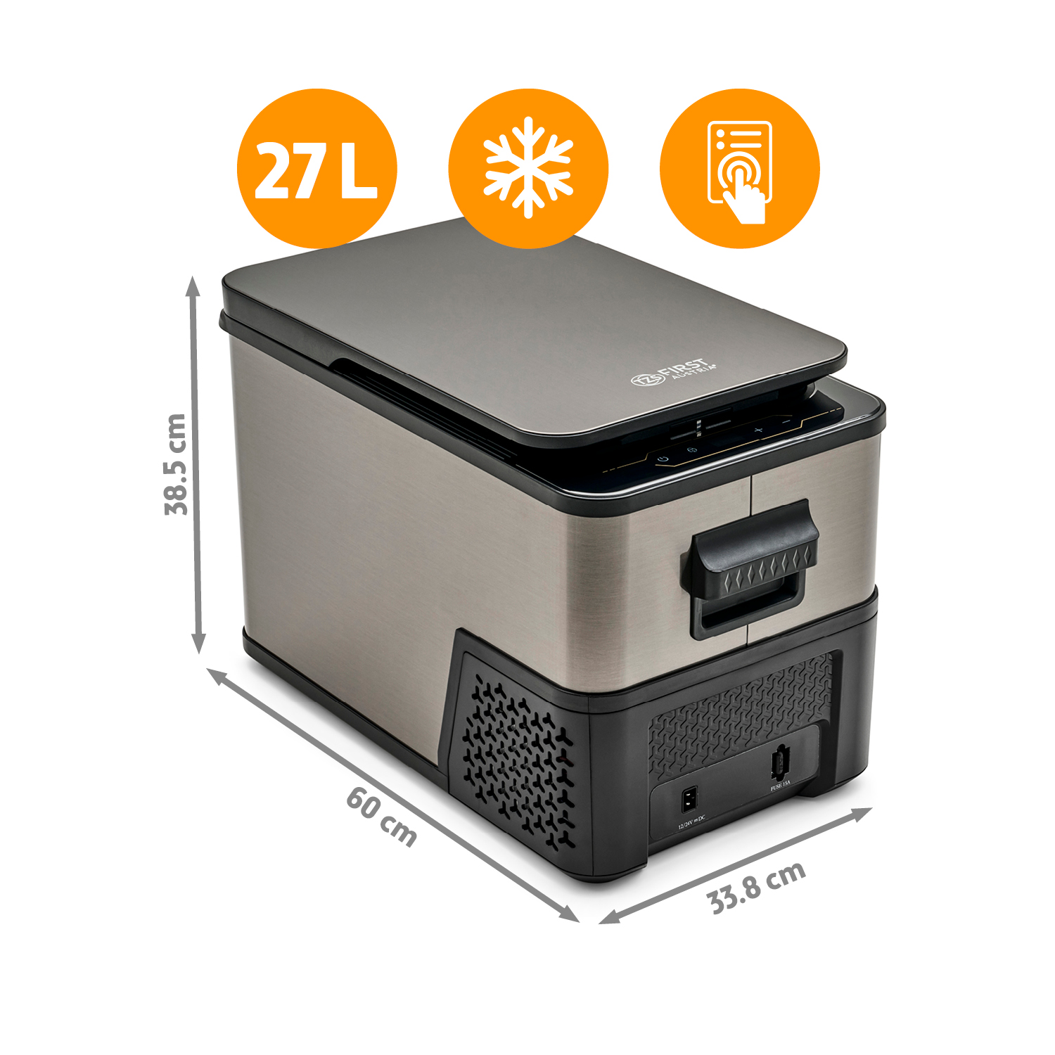 Tragbare Kühlbox, 27L, mit Abmessungen von 60x33,8x38,5 cm und Symbolen für Kühlung und Touch-Steuerung.