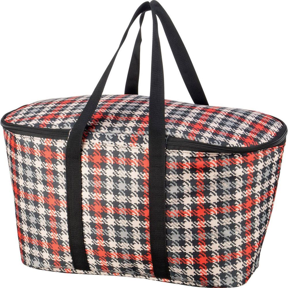 Una borsa termica rettangolare con motivo pied de poule rosso, nero e bianco e cinturini neri su sfondo bianco.