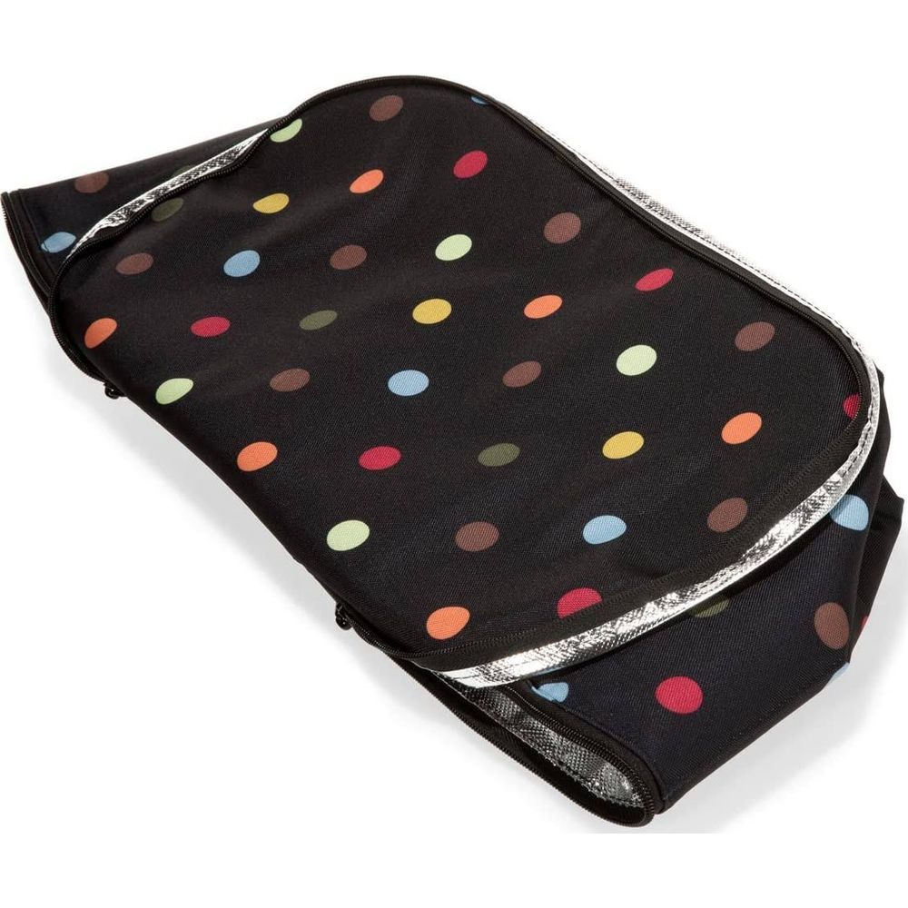 Una borsa termica nera con pois colorati e bordo argentato.