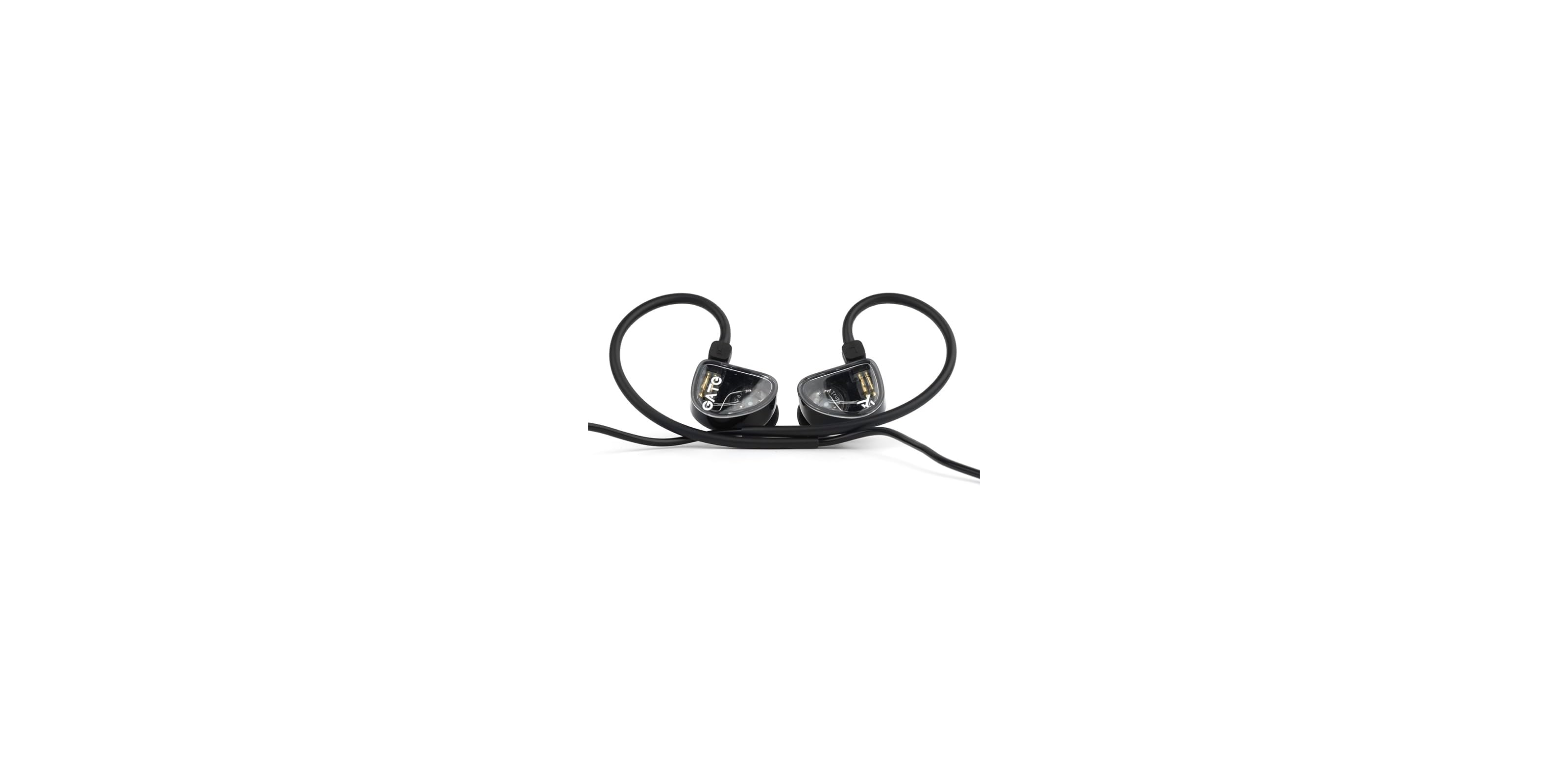 Schwarze In-Ear-Kopfhörer mit transparentem Gehäuse und integrierten Kabeln auf weißem Hintergrund.