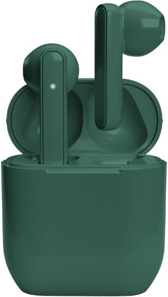 Grüne kabellose In-Ear-Kopfhörer in ihrer offenen Ladebox.