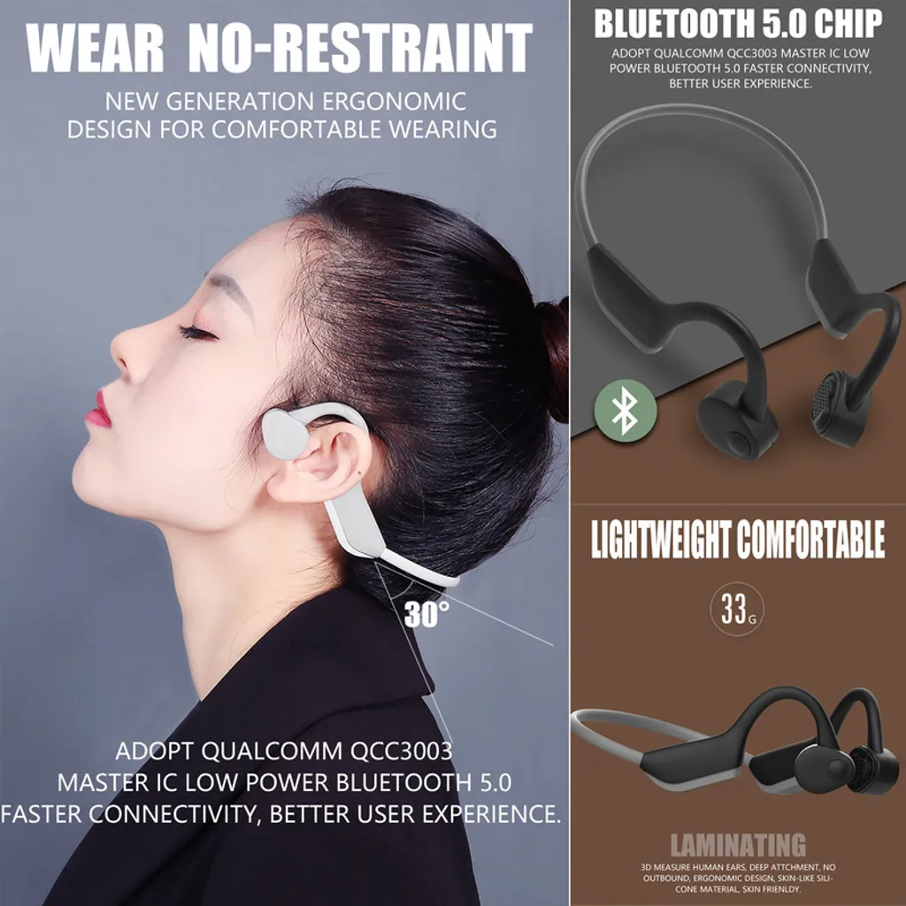 Eine Frau trägt weiße Knochenschall-Kopfhörer, daneben Detailbilder des Bluetooth 5.0-Geräts mit 33g Gewicht.