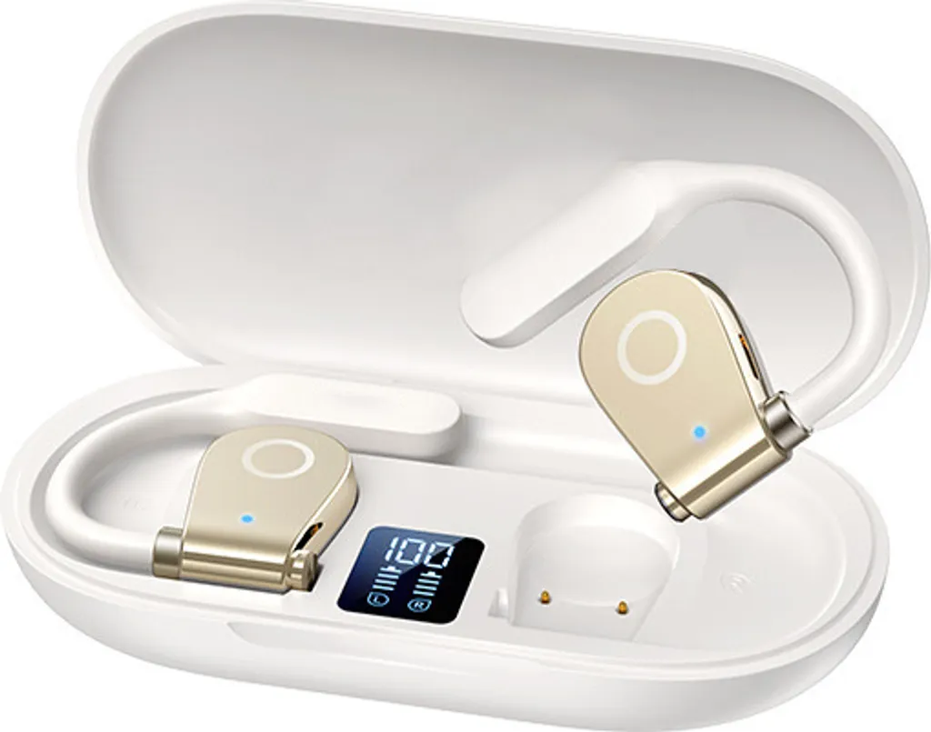 Weiße Ladebox mit zwei Ohrhörern in Gold und Weiß sowie einer digitalen Batterieanzeige.
