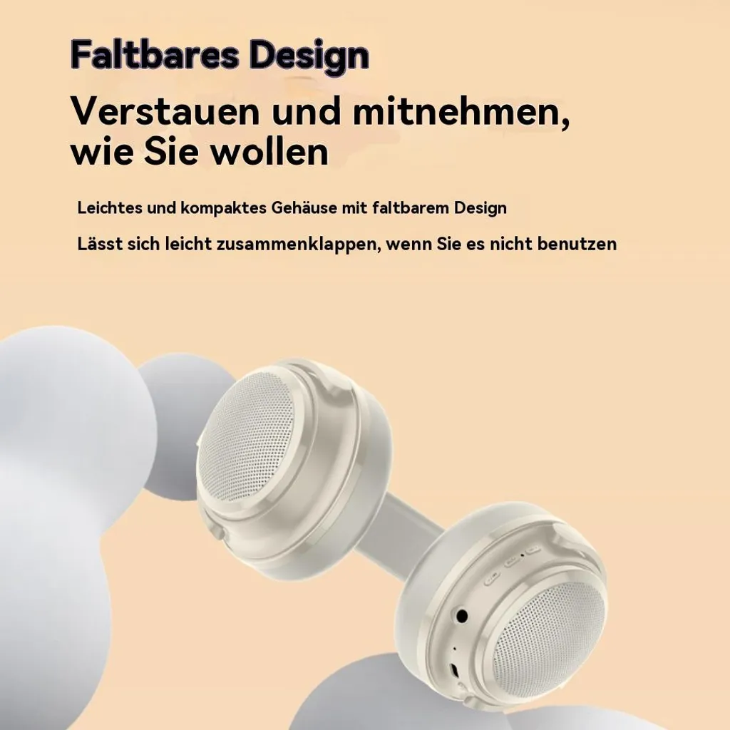 Ein weißer, faltbarer Bluetooth-Lautsprecher auf beige-weissem Hintergrund mit Text auf Deutsch.