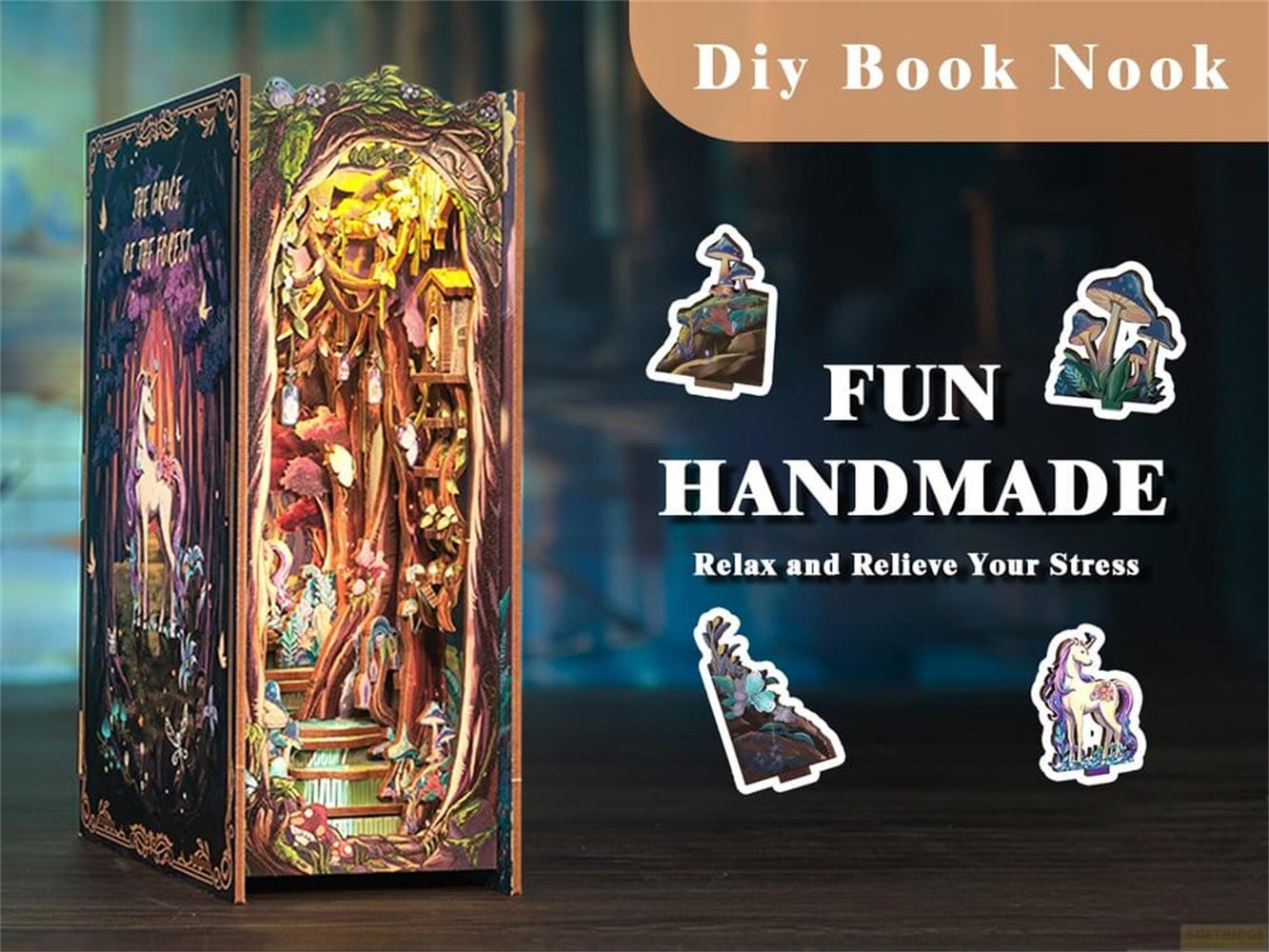 Beleuchteter DIY-Buch-Nook mit magischem Waldthema, Pilzen und Einhorn.