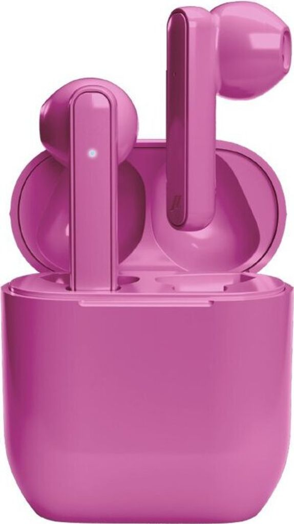 Ein offenes pinkes Ladecase mit zwei kabellosen pinken Ohrhörern.