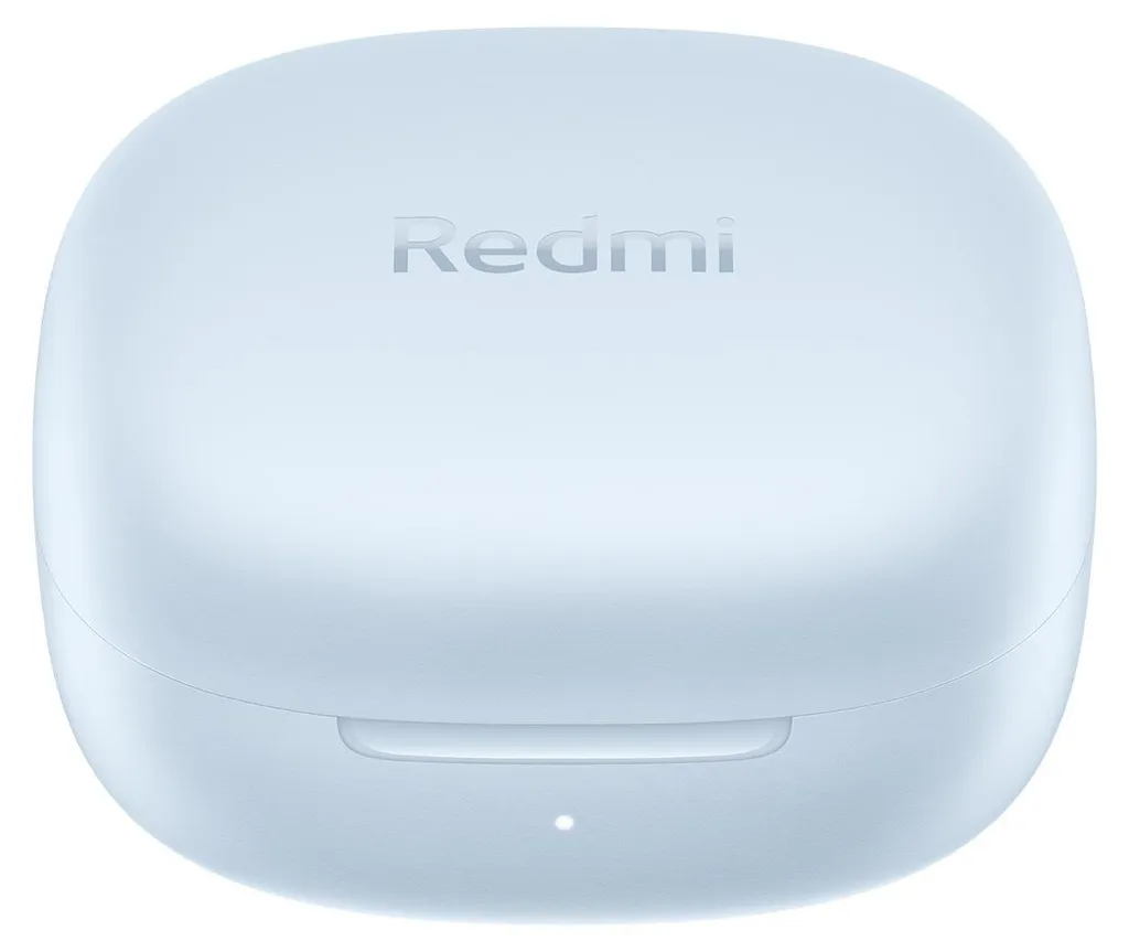 Ein hellblauer Redmi Ladecase mit abgerundeten Ecken und einer kleinen LED-Leuchte auf der Vorderseite.