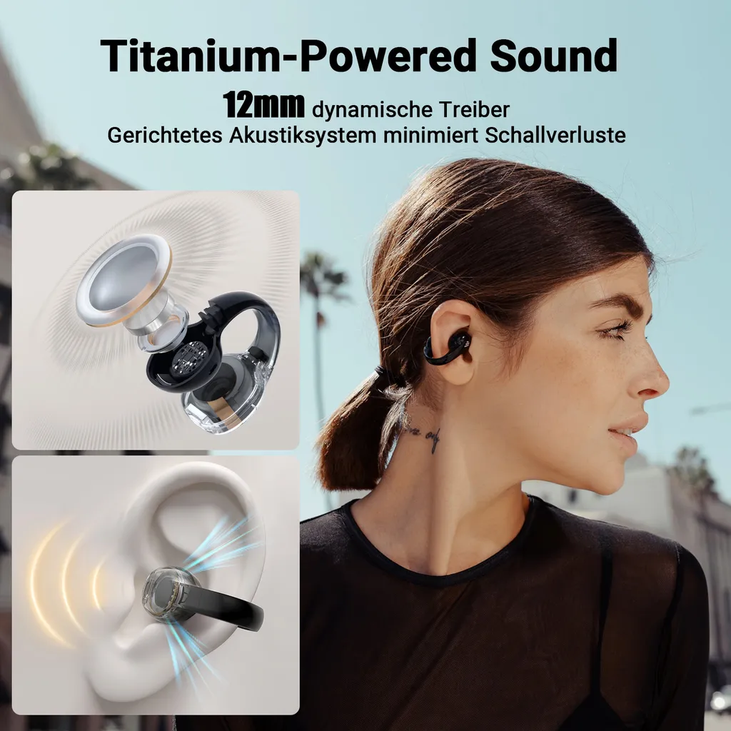 Eine Frau trägt schwarze Open-Ear-Kopfhörer, mit Produktdiagrammen des Treibers und Schallwellen.