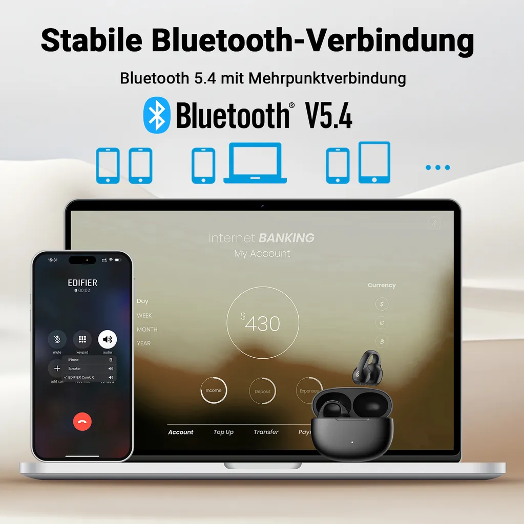 Bluetooth 5.4 Werbung mit Laptop, Smartphone und Kopfhörern.
