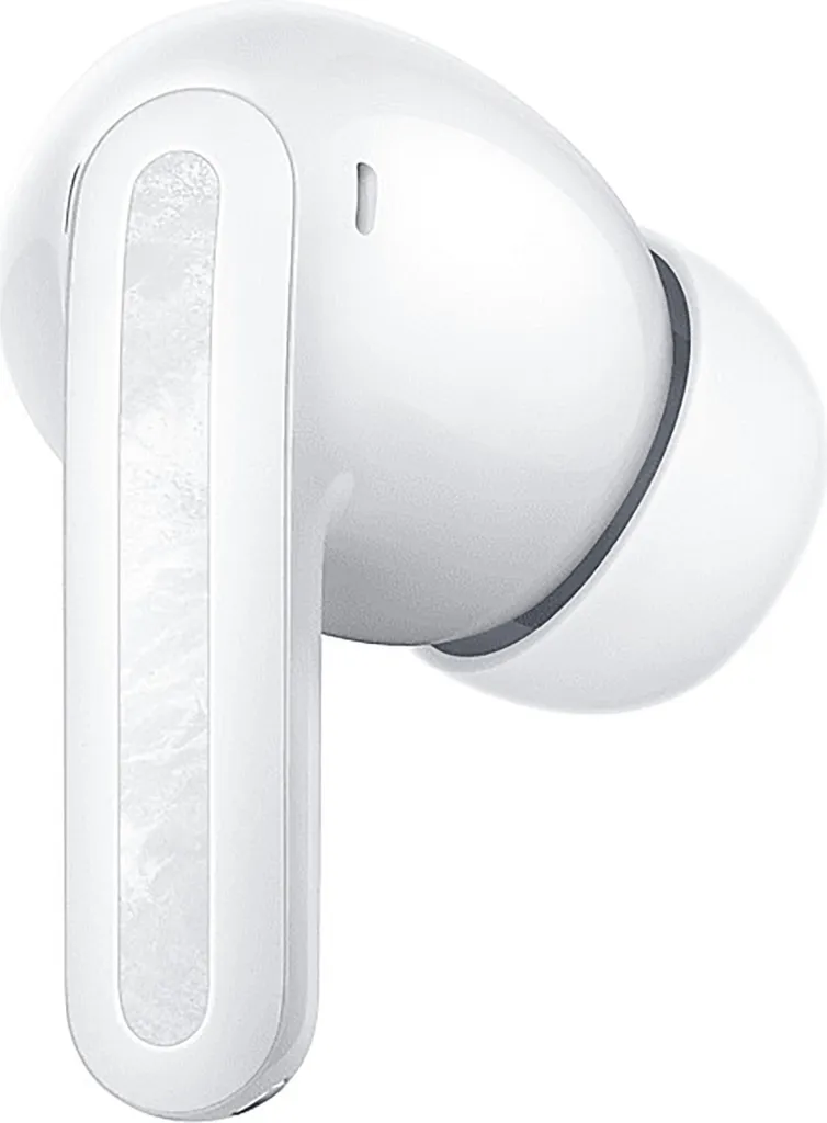 Ein einzelner weißer In-Ear-Kopfhörer mit Stiel und Marmormuster auf weißem Hintergrund.