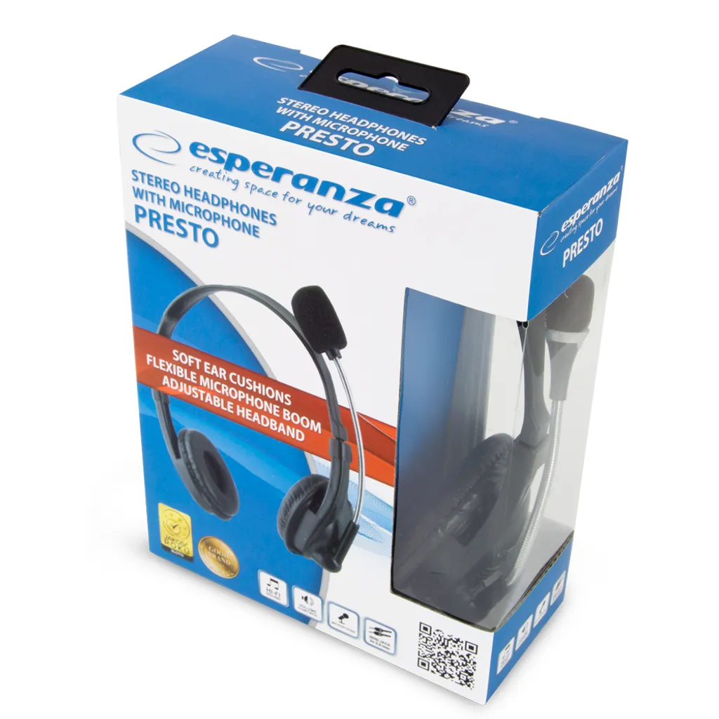 Blaue Produktverpackung für Esperanza Presto Stereo-Kopfhörer mit Mikrofon.