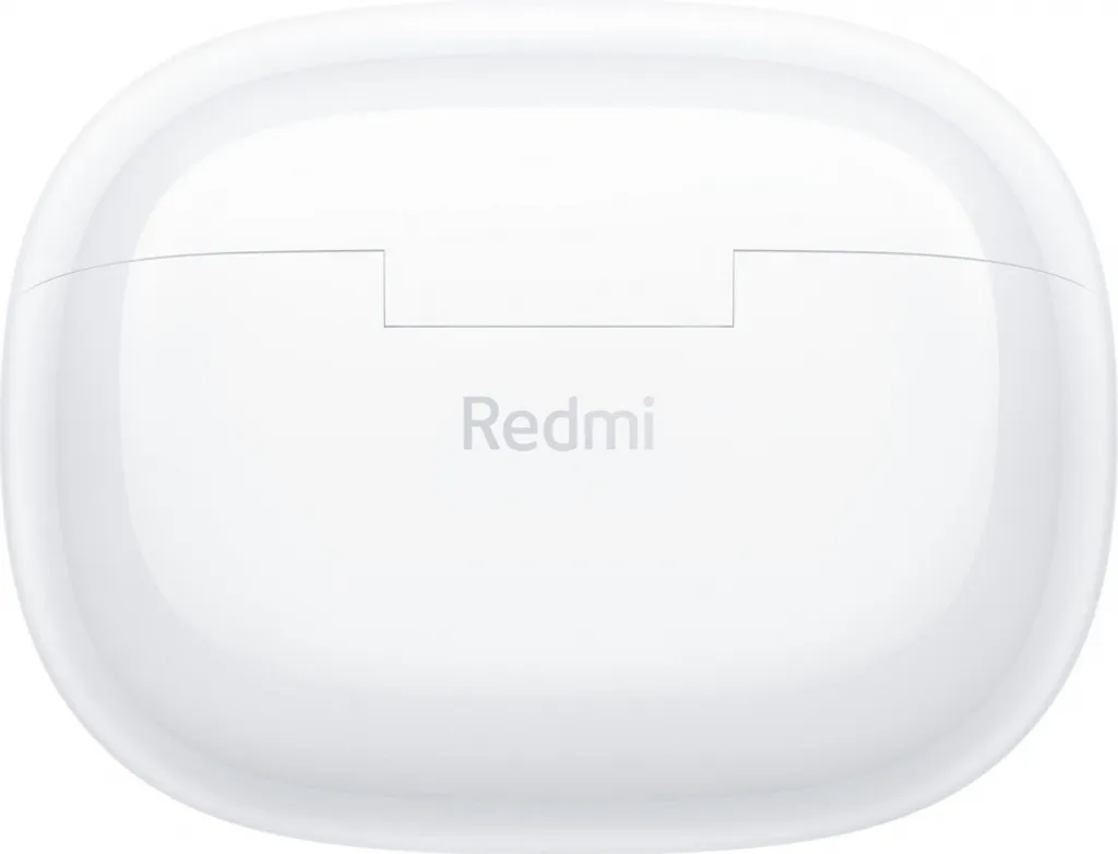 Ein weißes Ladeetui für kabellose Kopfhörer mit dem Redmi-Logo auf der Vorderseite.