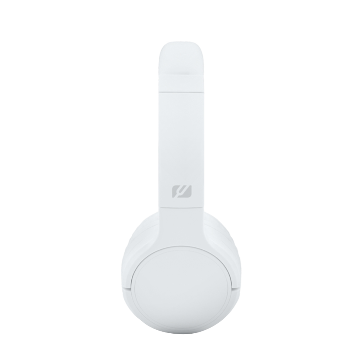 Ein weißer On-Ear-Kopfhörer mit verstellbarem Kopfbügel und einer Logo-Markierung auf weißem Hintergrund.
