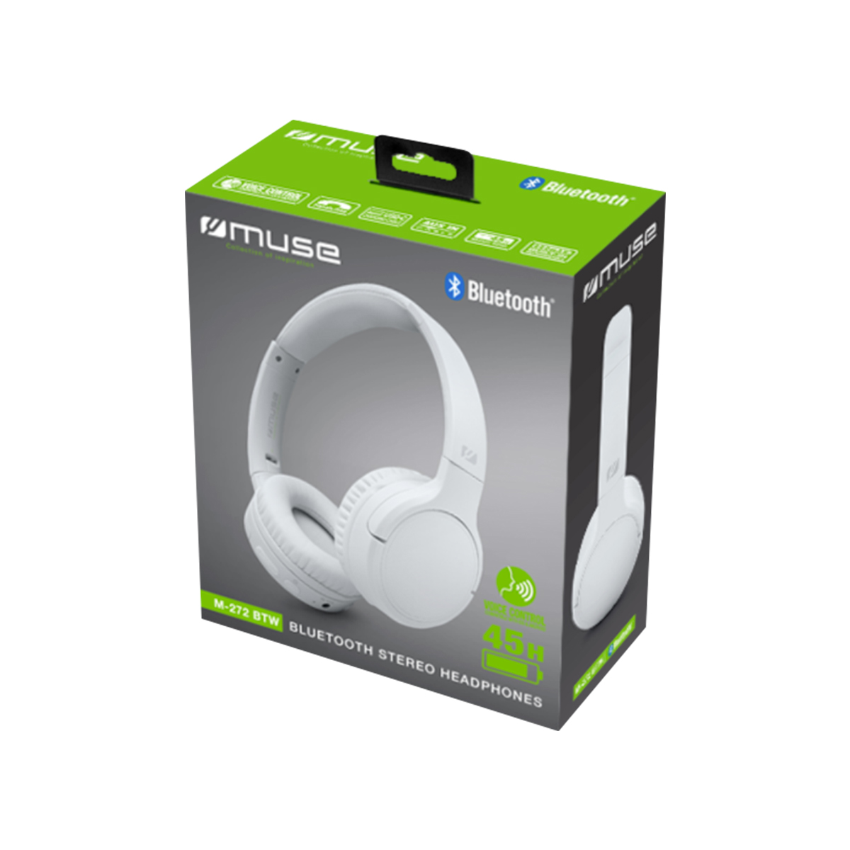 Weiße Bluetooth-Stereo-Kopfhörer der Marke Muse in grün-grauer Verpackung.