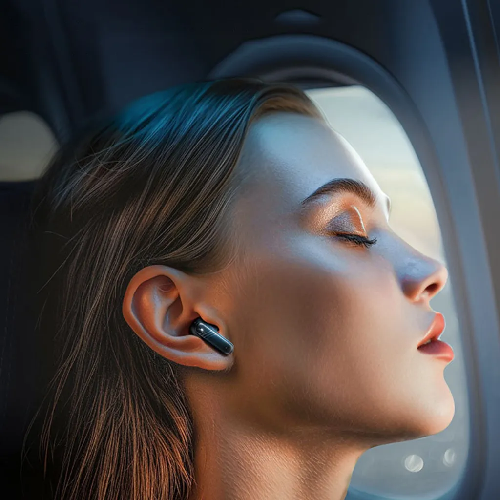 Eine Frau mit geschlossenen Augen sitzt am Flugzeugfenster und trägt kleine schwarze In-Ear-Kopfhörer.