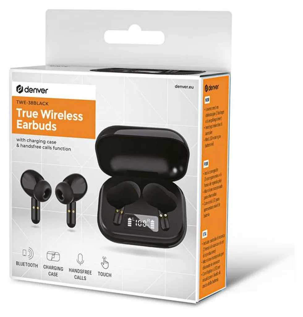 Verpackung von Denver True Wireless Ohrhörern in Schwarz mit Ladecase, Bluetooth und Touch-Funktion.