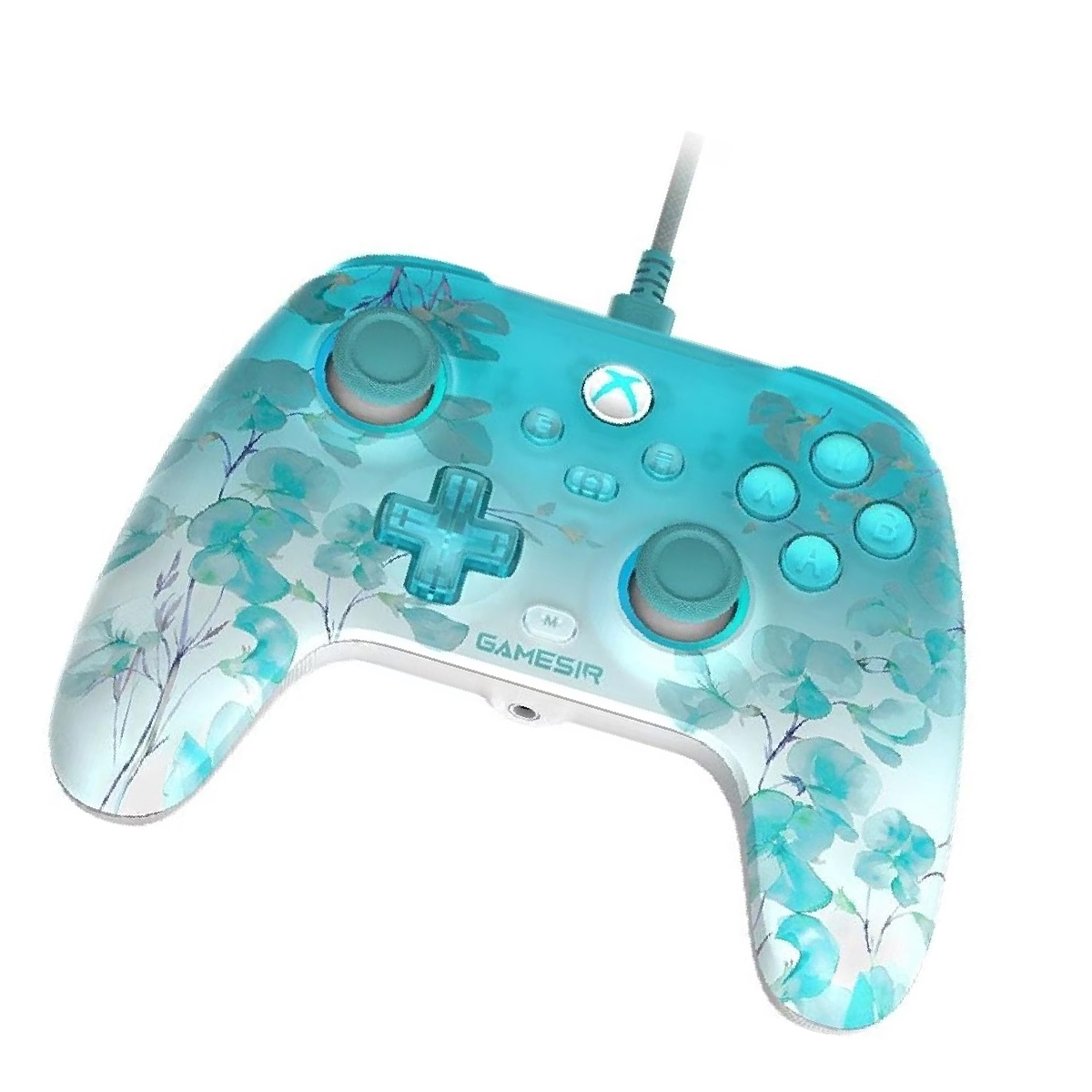 Ein türkisfarbener GameSir Xbox-Controller mit blauem Blumenmuster und Kabel vor weißem Hintergrund.