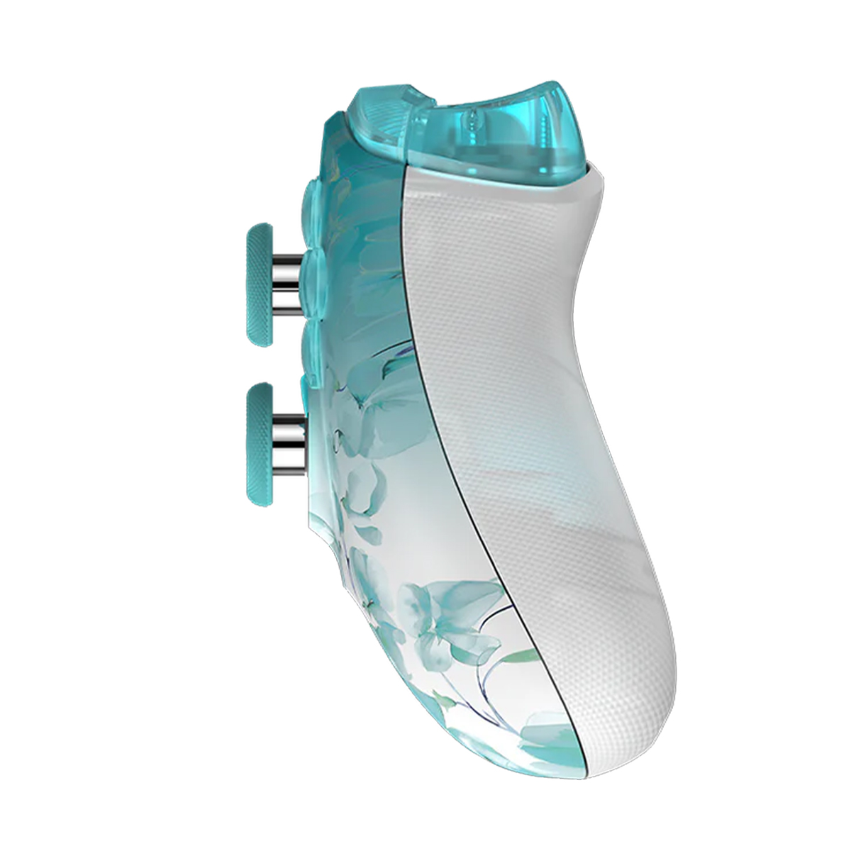 Seitenansicht eines blau-weißen Gamecontrollers mit floralem Muster.