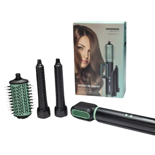 Heinner Beauty Haarglätter mit verschiedenen Aufsätzen und Verpackung auf weißem Hintergrund.