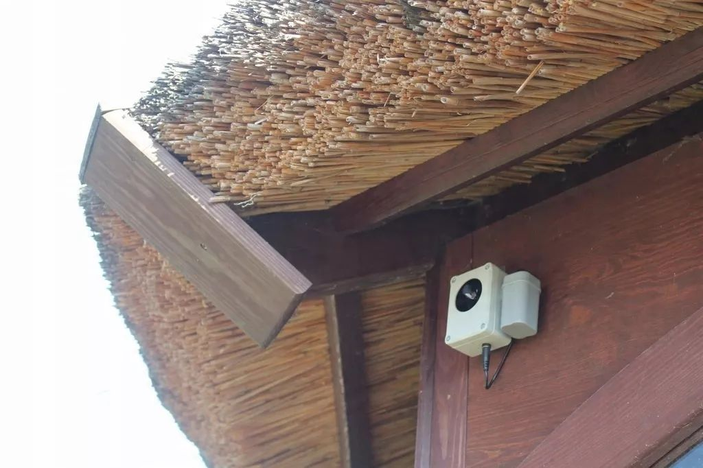 Egy fehér elektronikus eszköz van felszerelve egy faépület nádteteje alatt.