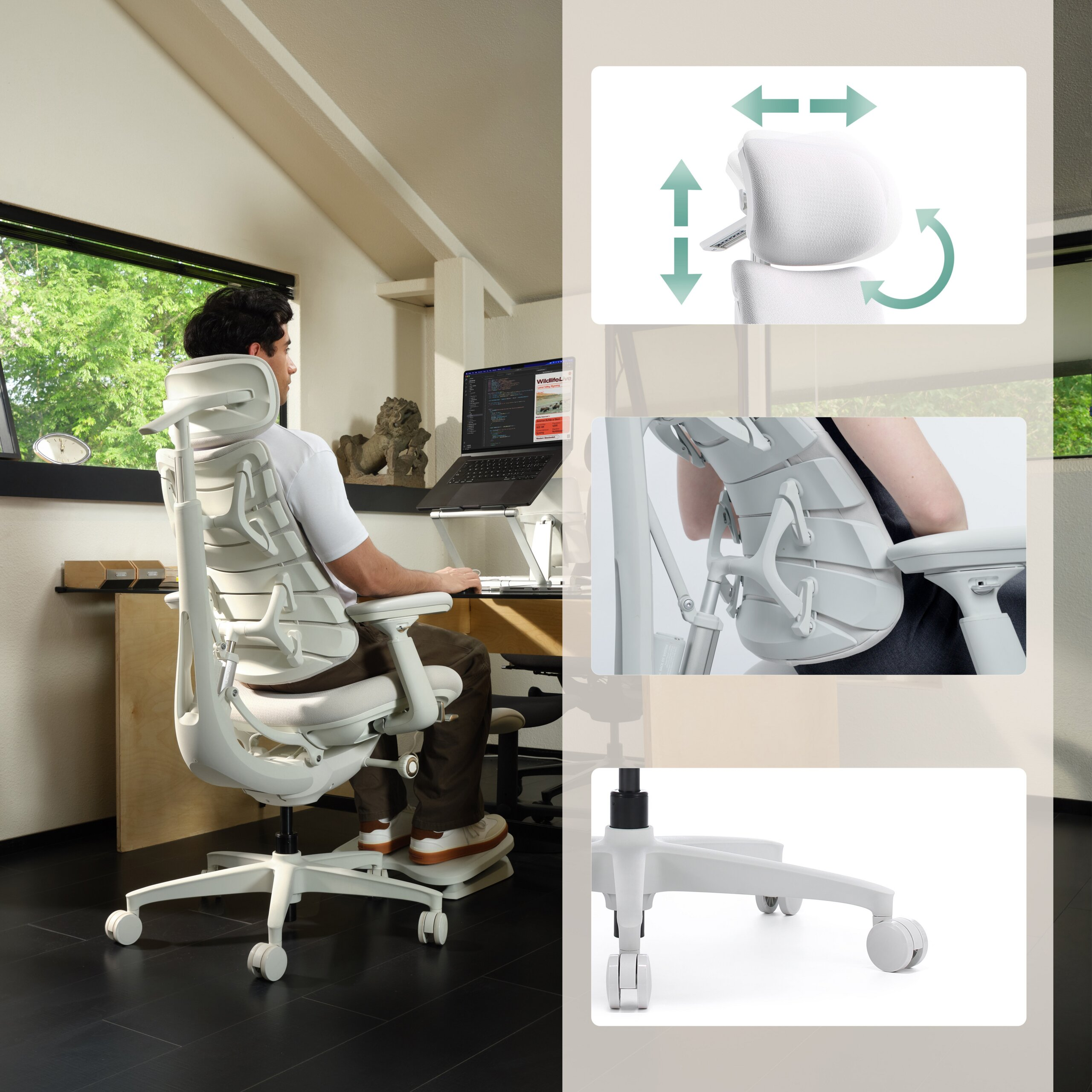 Una persona seduta su una sedia da ufficio ergonomica bianca, con inserti che mostrano poggiatesta e ruote regolabili.