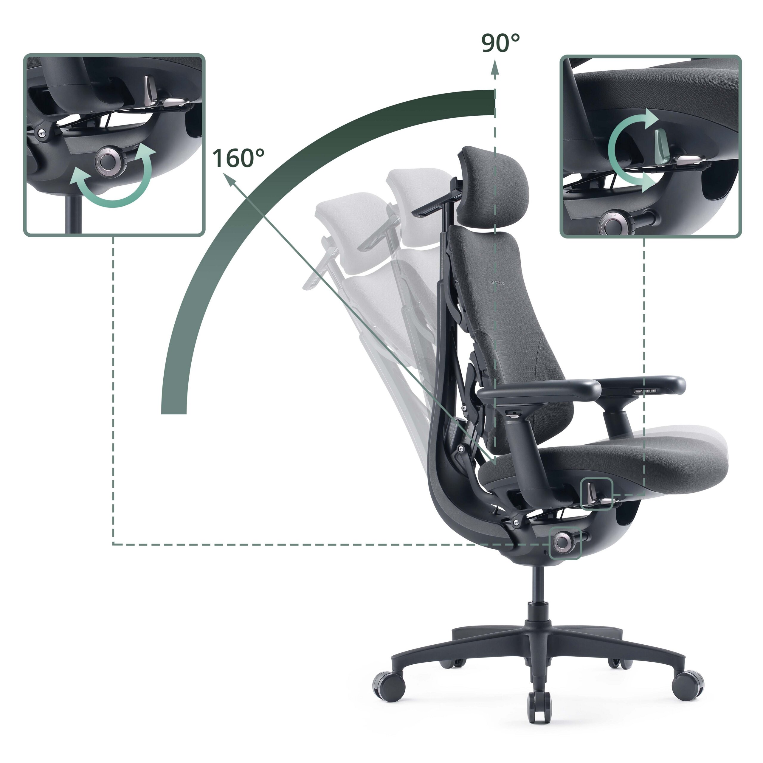 Sedia da ufficcio nera ergonomica con funzione di reclinazione a 160 gradi e dettagli dei controlli.