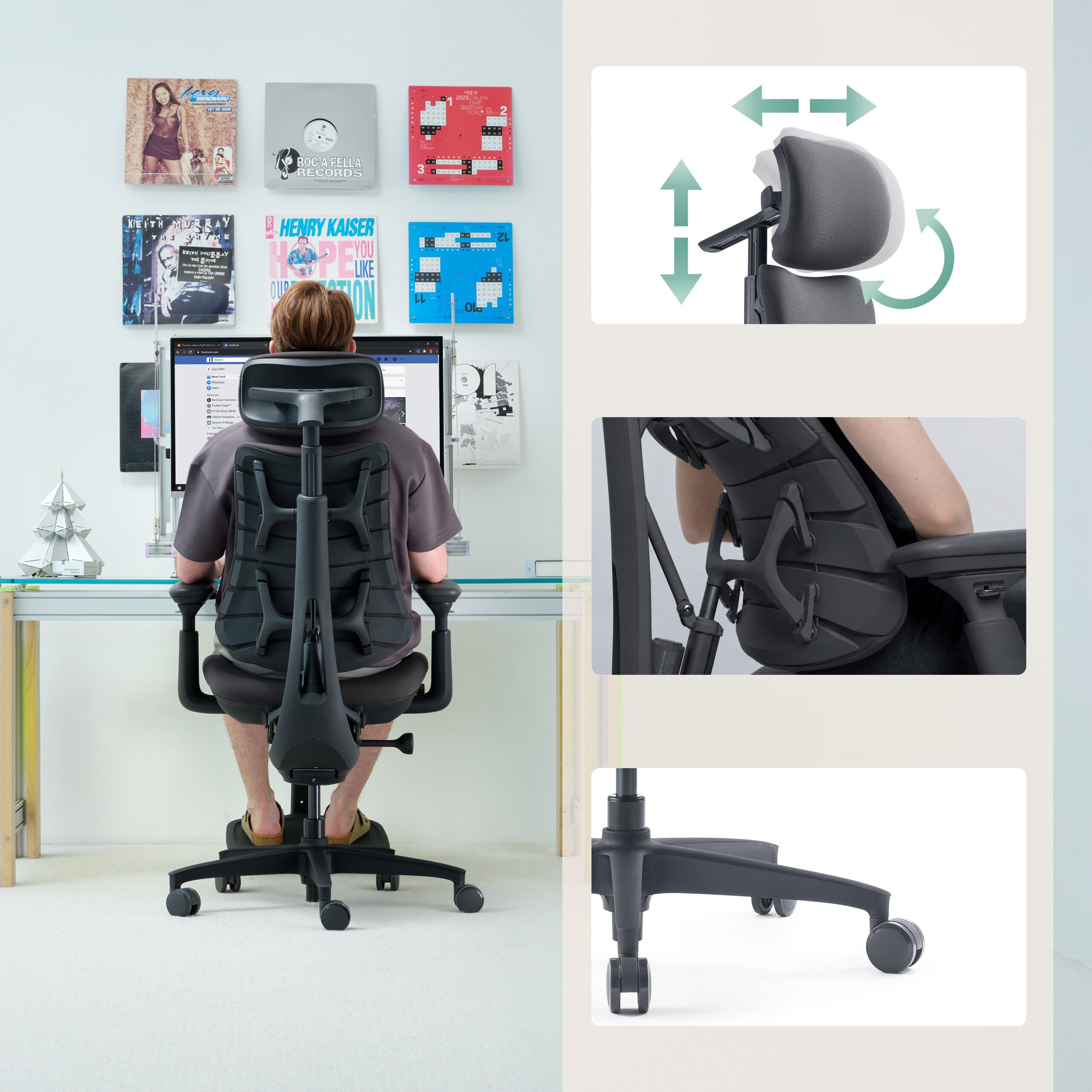Una persona seduta a una scrivania su una sedia ergonomica moderna con poggiatesta e schienale regolabili.