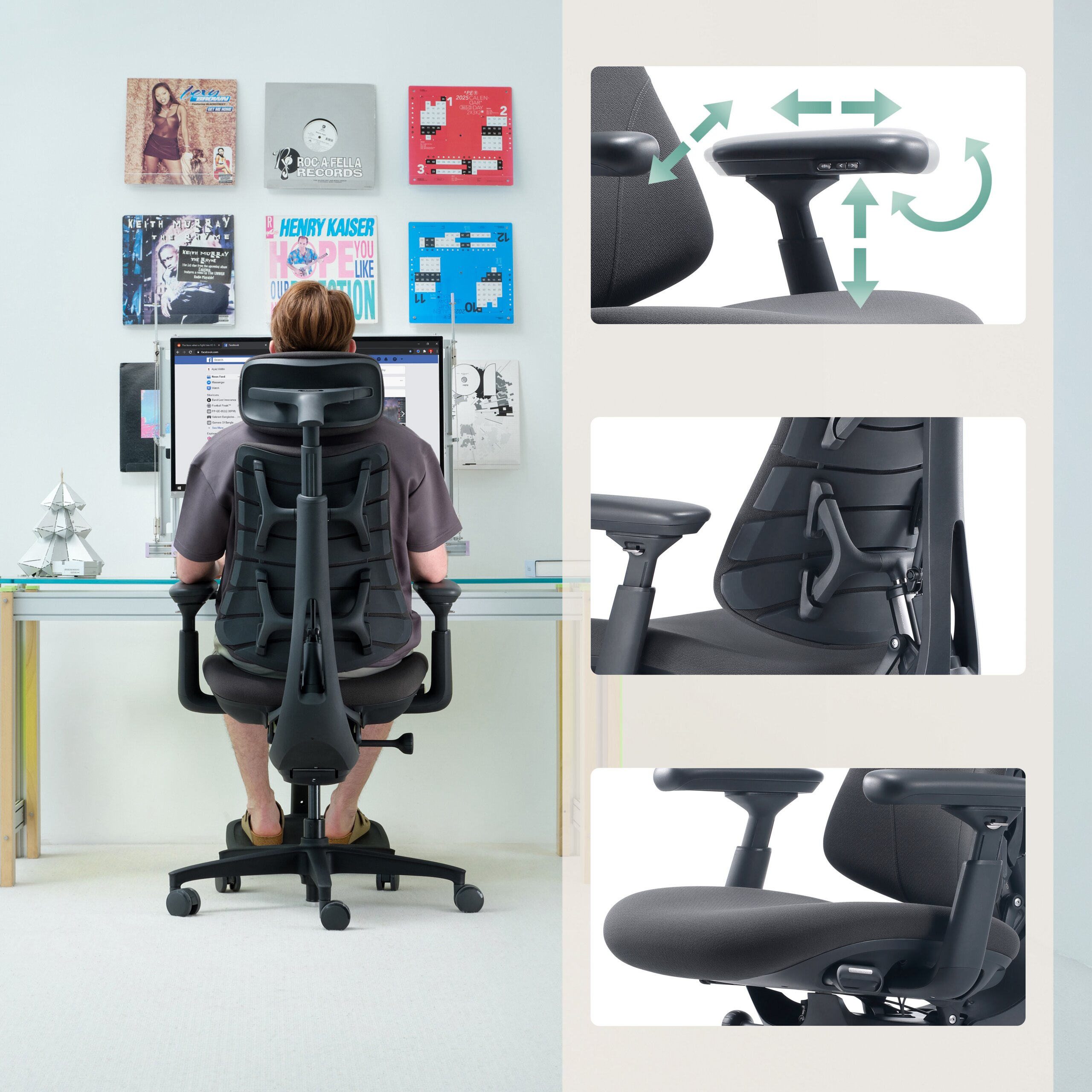 Una persona è seduta a una scrivania su una sedia ergonomica. I dettagli mostrano le regolazioni.