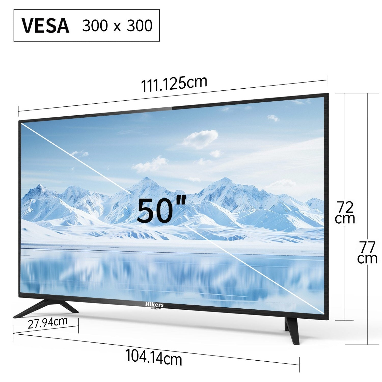 Il diagramma mostra le dimensioni e la misura VESA di un televisore da 50 pollici.