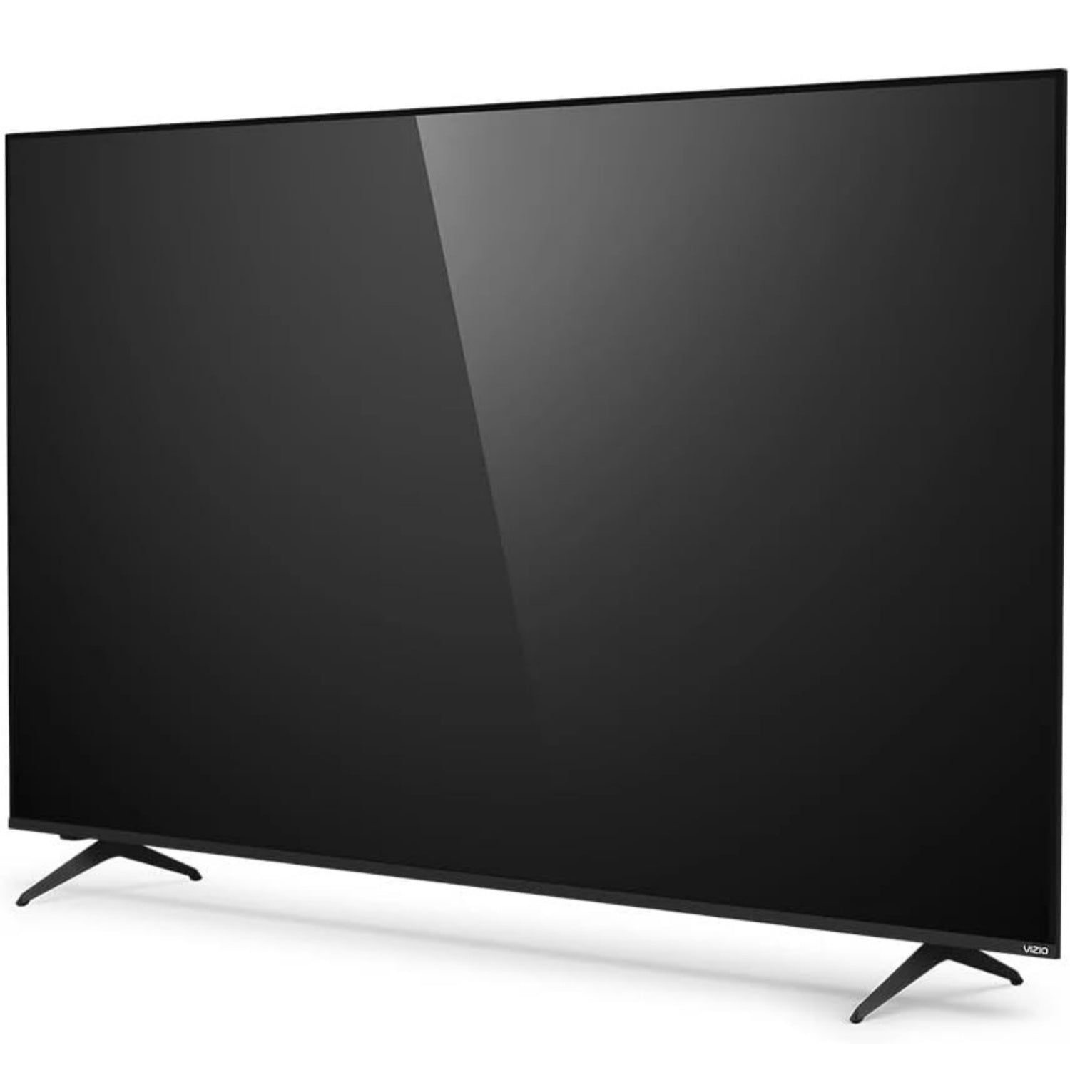 Una grande televisione nera con una cornice sottile si trova su due gambe a V su uno sfondo chiaro.