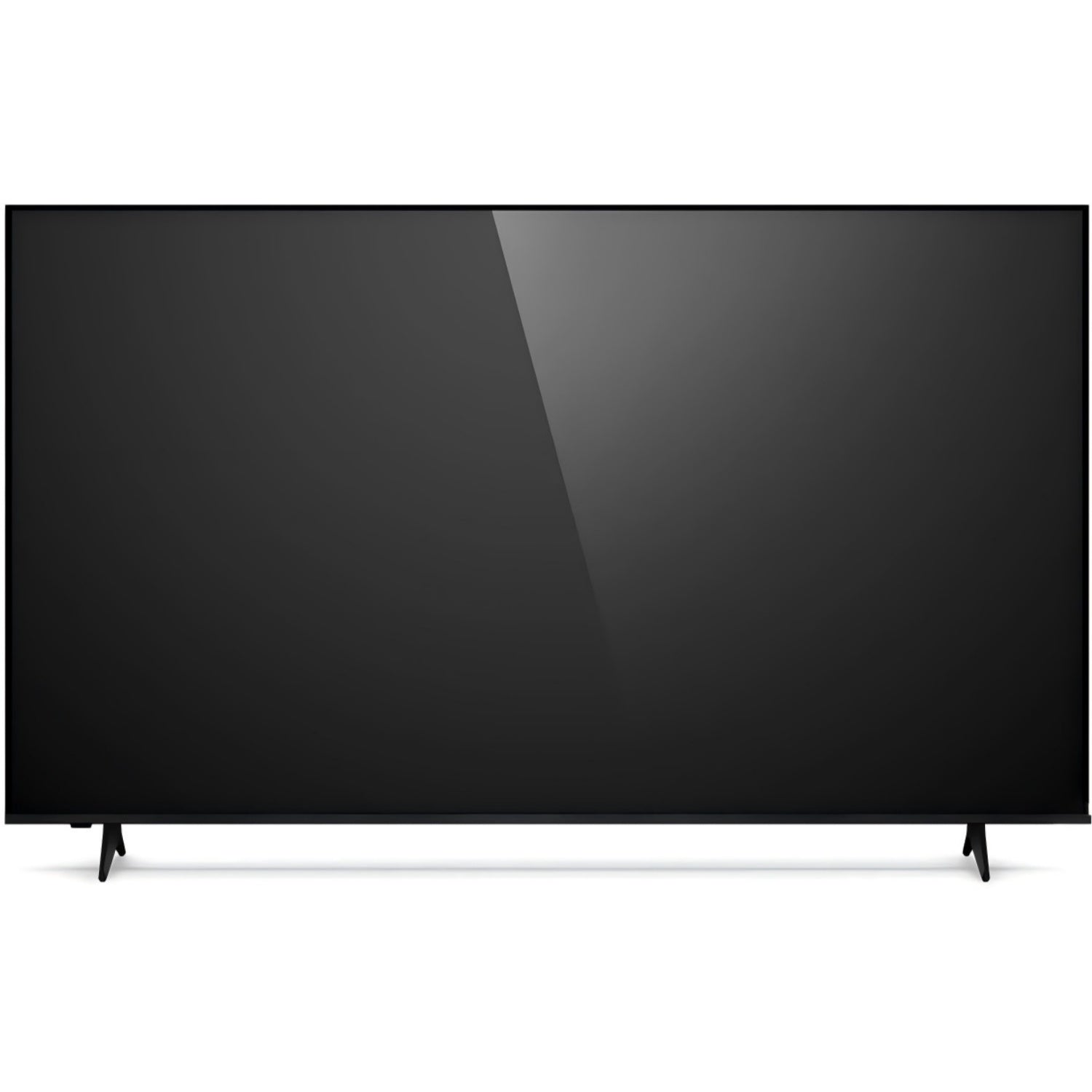 Una moderna TV a schermo piatto nera poggia su piccoli piedi su sfondo bianco.