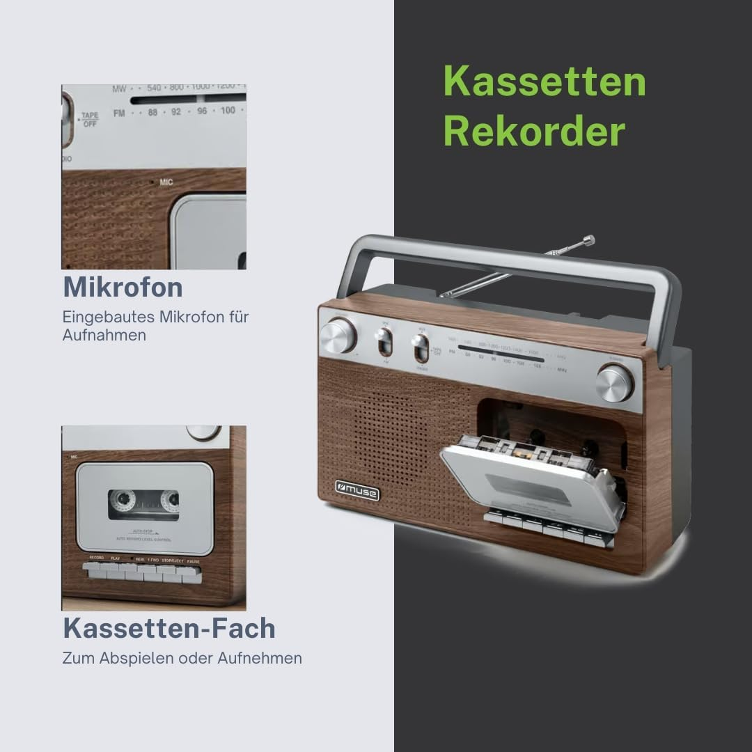 Holzfarbener Kassettenrekorder mit Mikrofon und Kassettenfach.