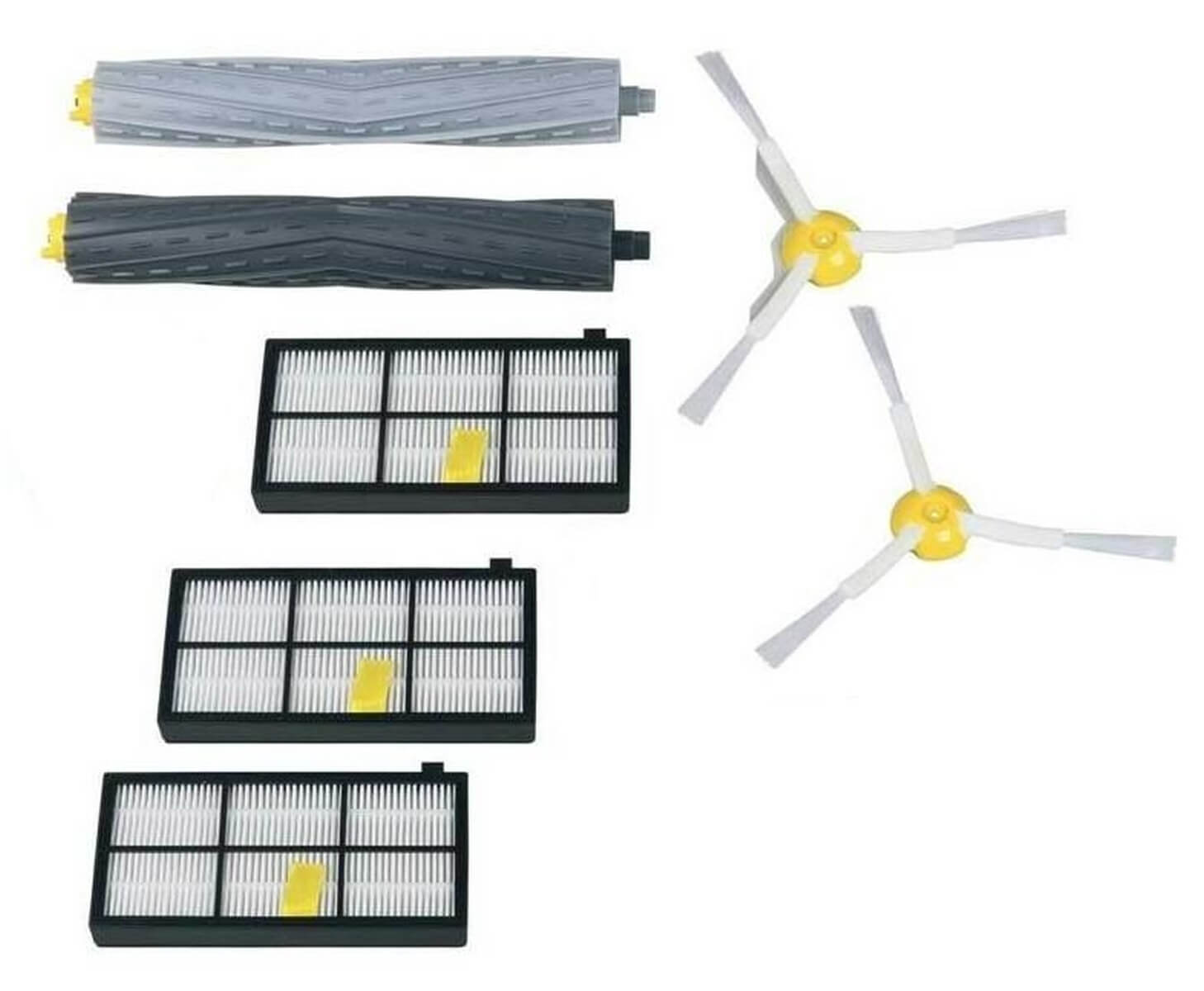 Pièces de rechange pour robot aspirateur comprenant deux rouleaux, trois filtres et deux brosses.