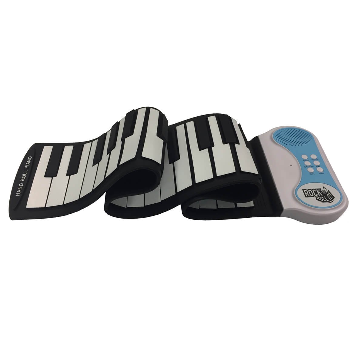 Ein flexibles Hand-Roll-Piano mit schwarz-weißen Tasten und einer blauen Steuereinheit auf weißem Hintergrund.