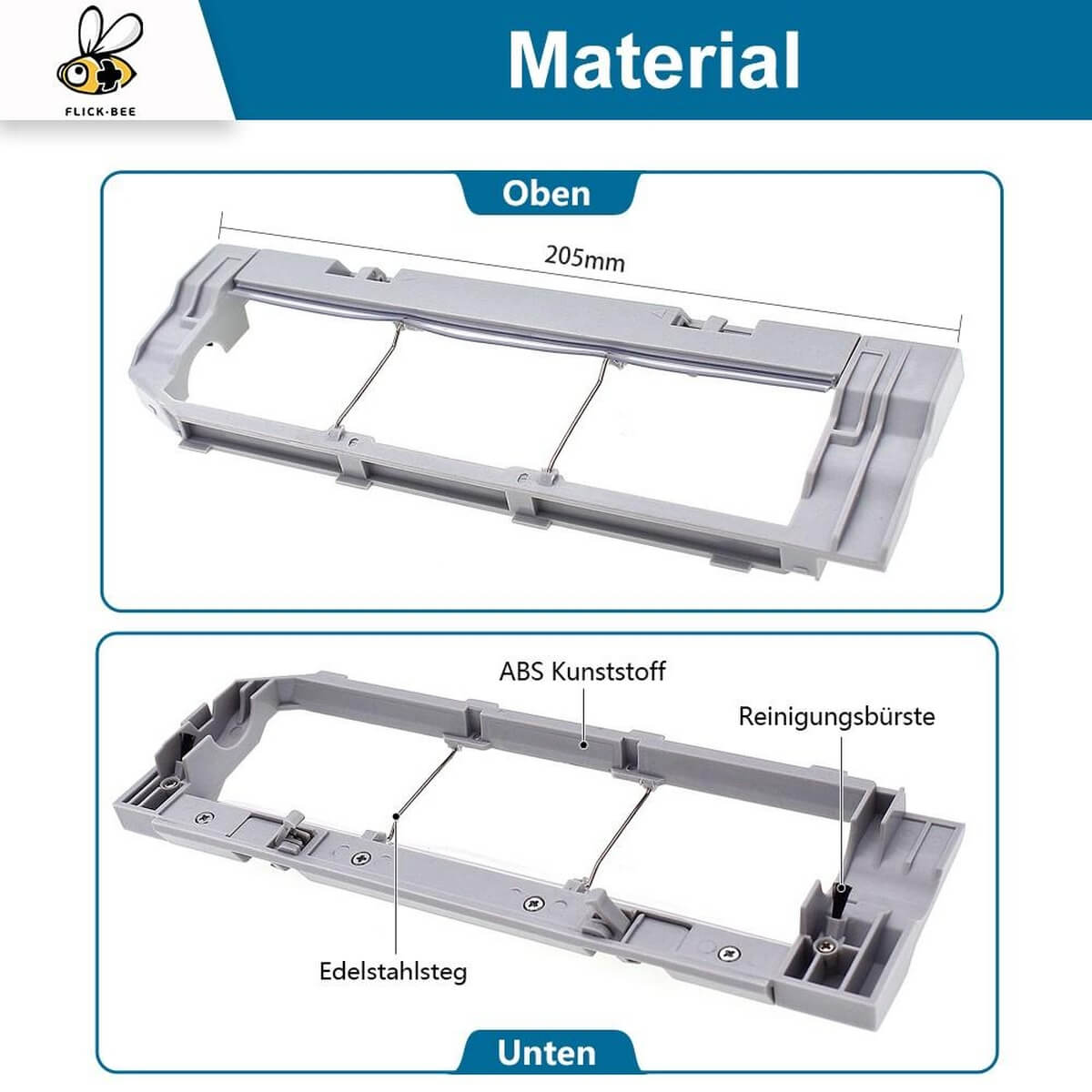 Schéma montrant un boîtier de brosse en plastique gris avec des barres métalliques de 205 mm.