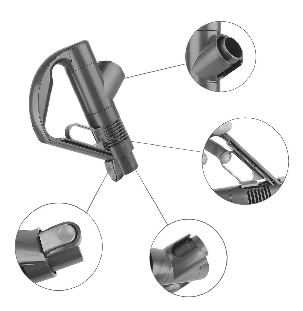 Poignée d'aspirateur grise avec quatre cercles encartés montrant des détails de ses pièces.