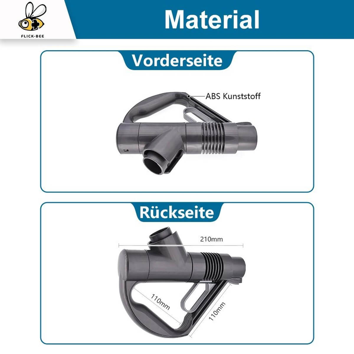 Schéma montrant les vues avant et arrière d'une poignée d'aspirateur en plastique ABS gris avec dimensions.