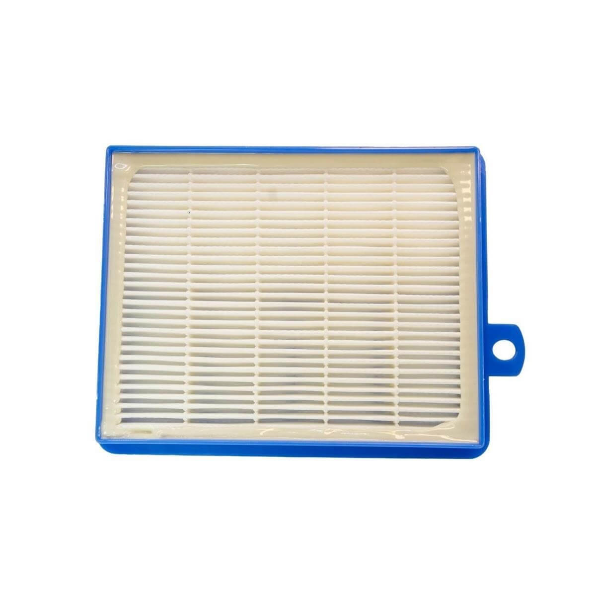 Filtre à air blanc rectangulaire avec un cadre en plastique bleu et une petite poignée.