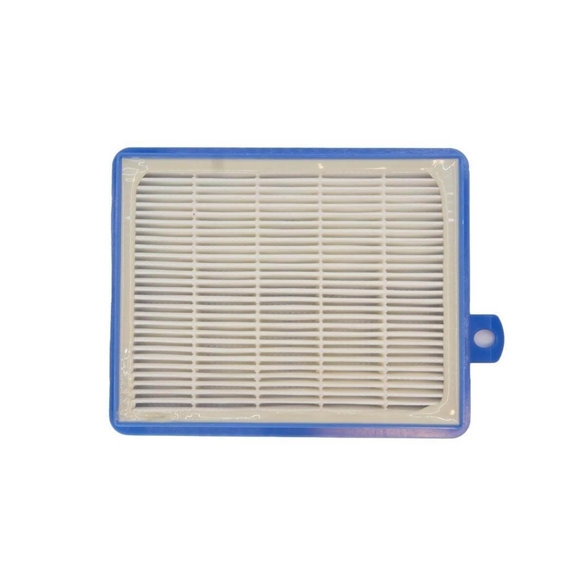 Un filtre à air rectangulaire bleu avec un élément filtrant plissé blanc et une petite languette.