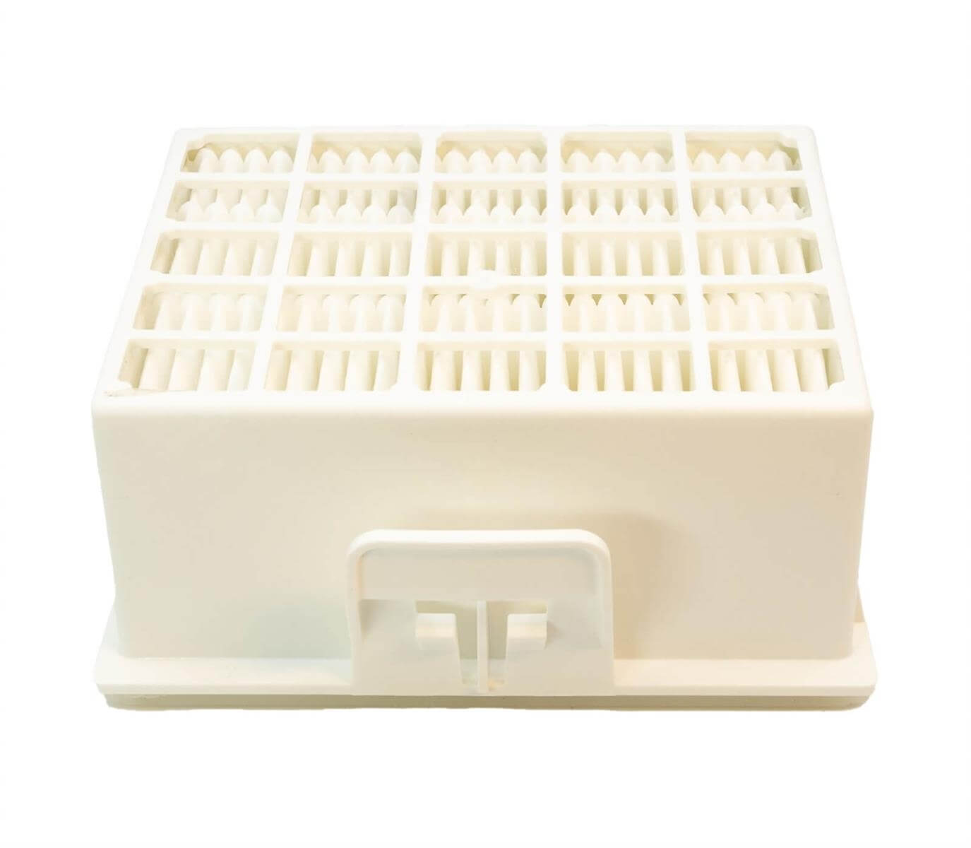 Une pièce en plastique blanc avec une grille sur le dessus et une languette.