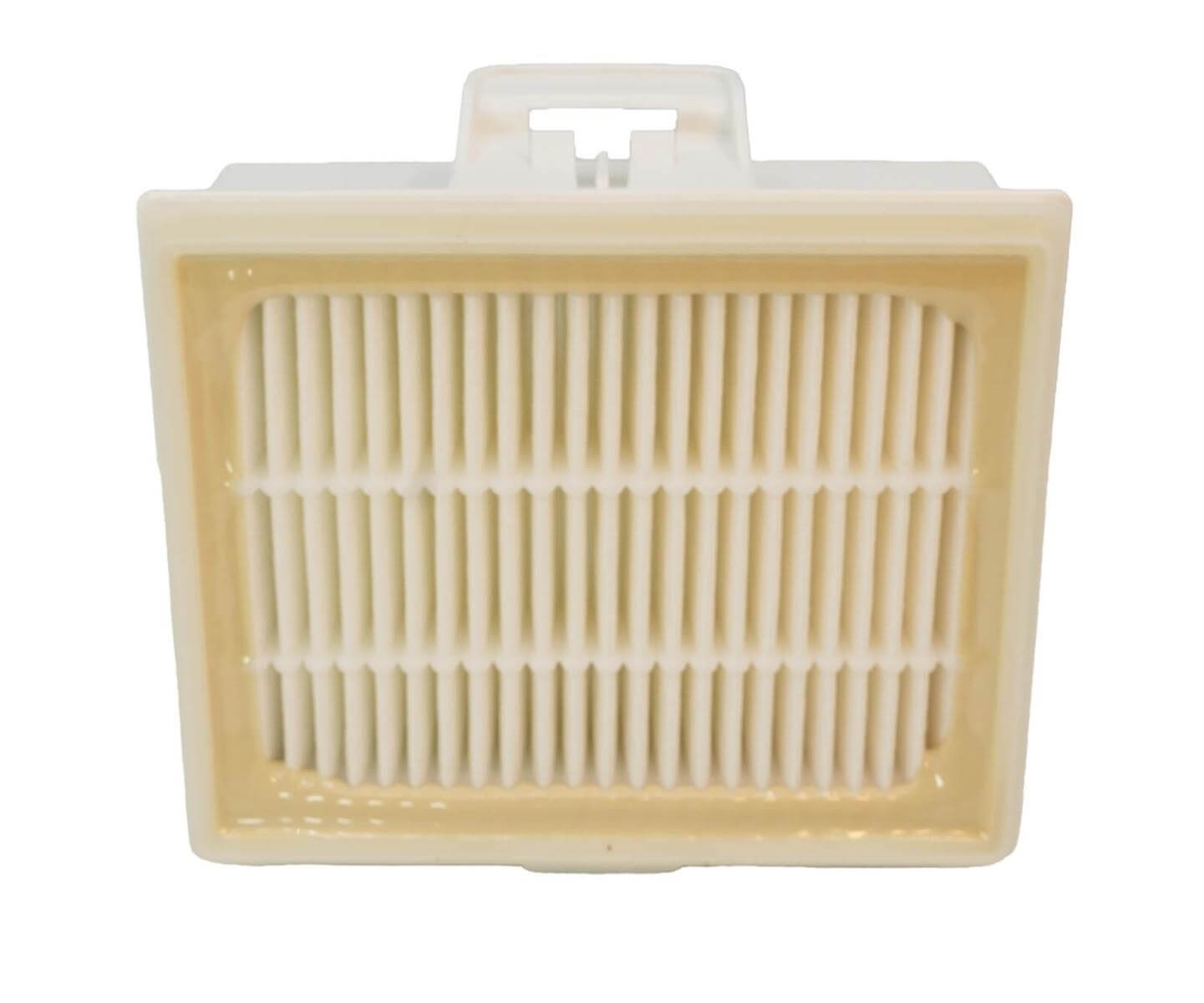 Un filtre d'aspirateur en plastique blanc rectangulaire avec des plis verticaux et une languette sur le dessus.