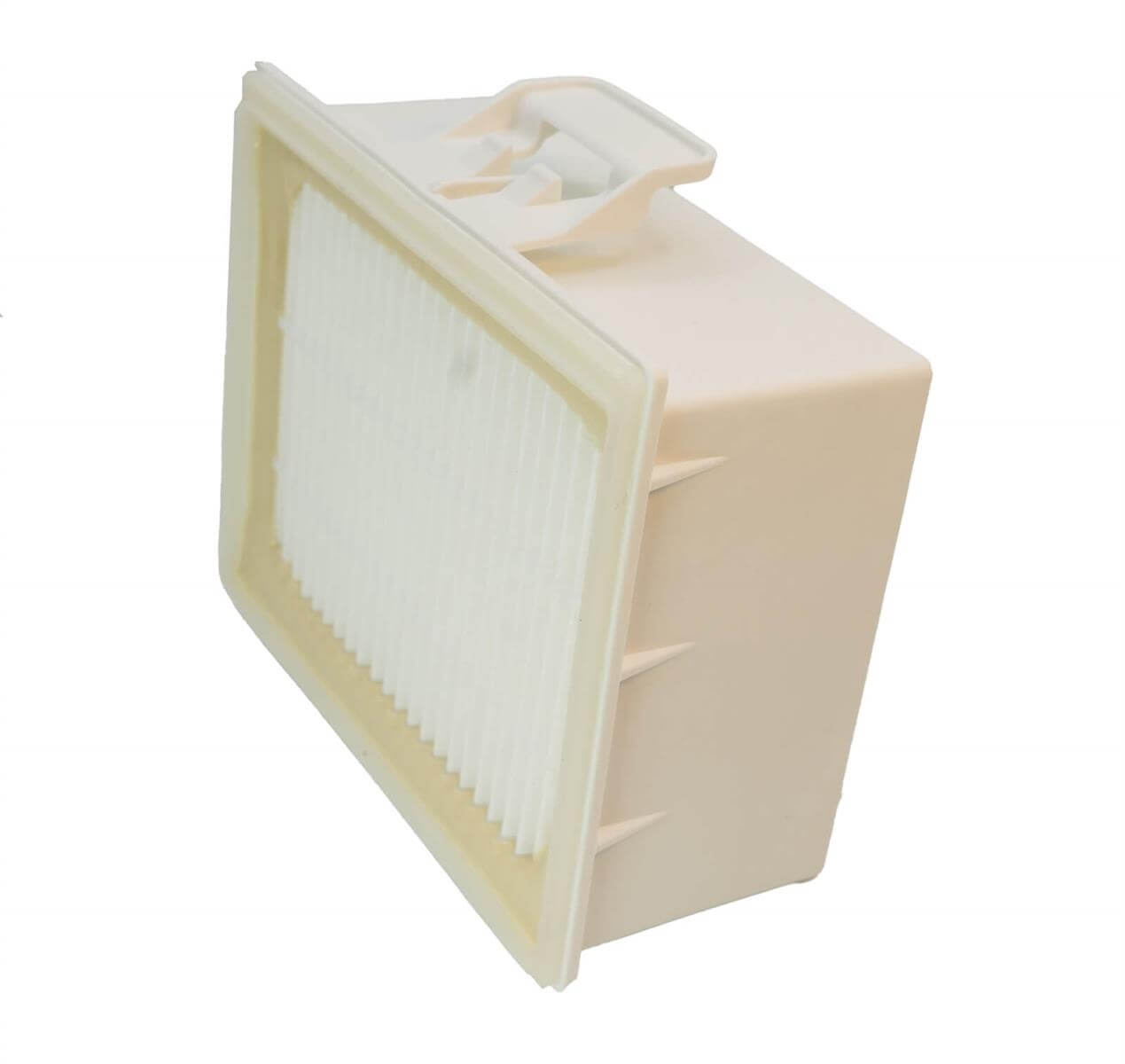 Un boîtier de filtre rectangulaire en plastique beige avec un élément filtrant plissé blanc sur fond blanc.