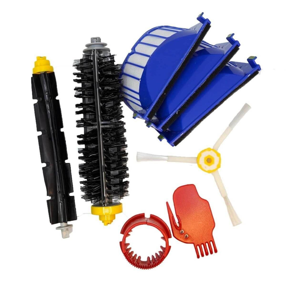 Pièces de rechange pour aspirateur robot : rouleaux, filtres, brosses latérales et outils.