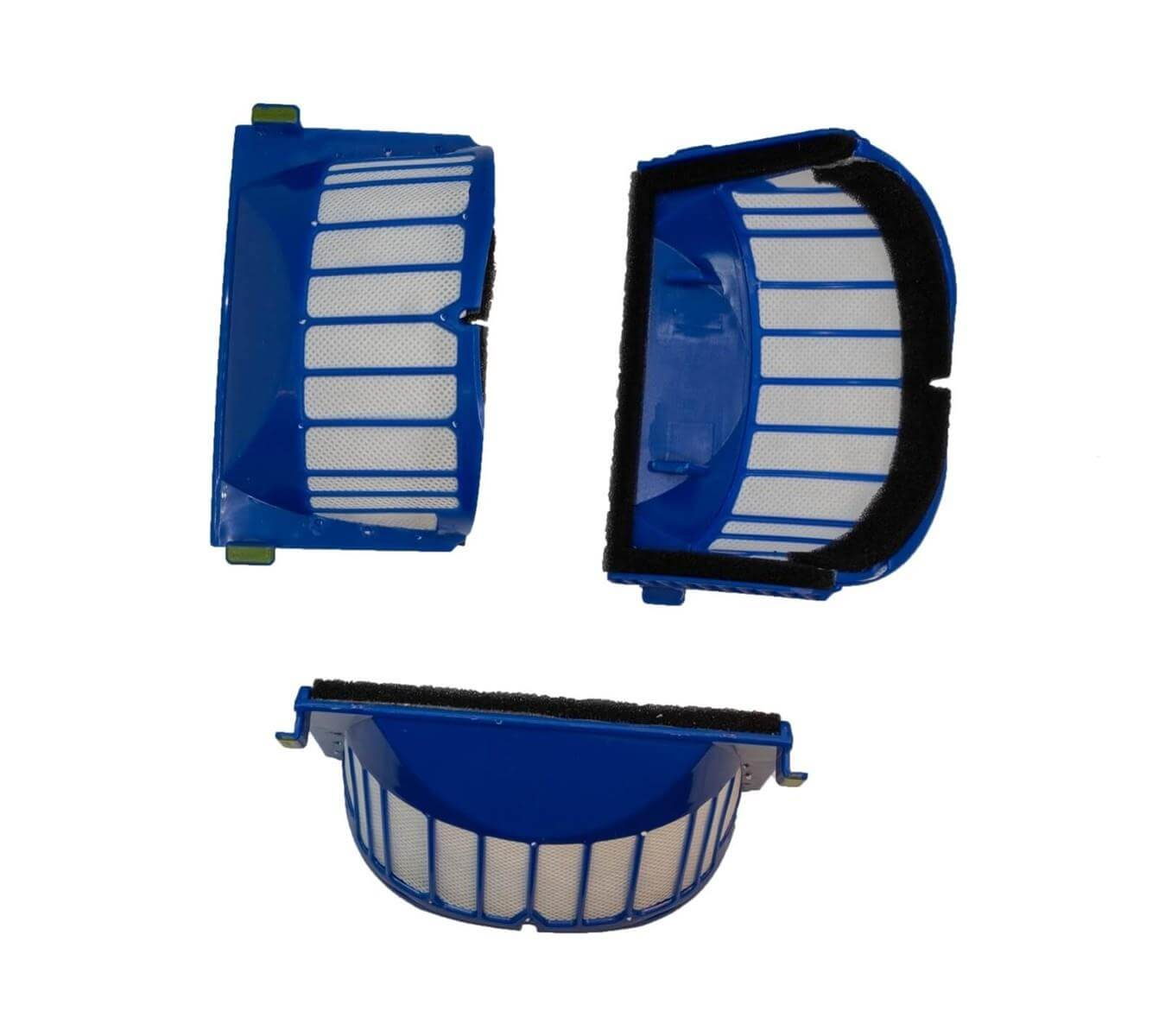 Trois filtres d'aspirateur bleus avec un filet blanc et un joint en mousse noire sur fond blanc.