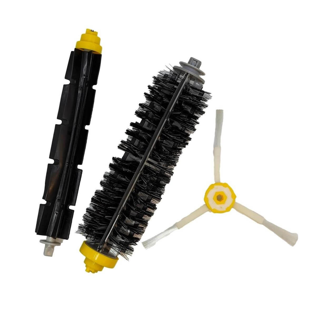 Trois pièces de rechange pour aspirateur : une brosse en caoutchouc noire, une brosse à poils noirs et une brosse latérale blanche.