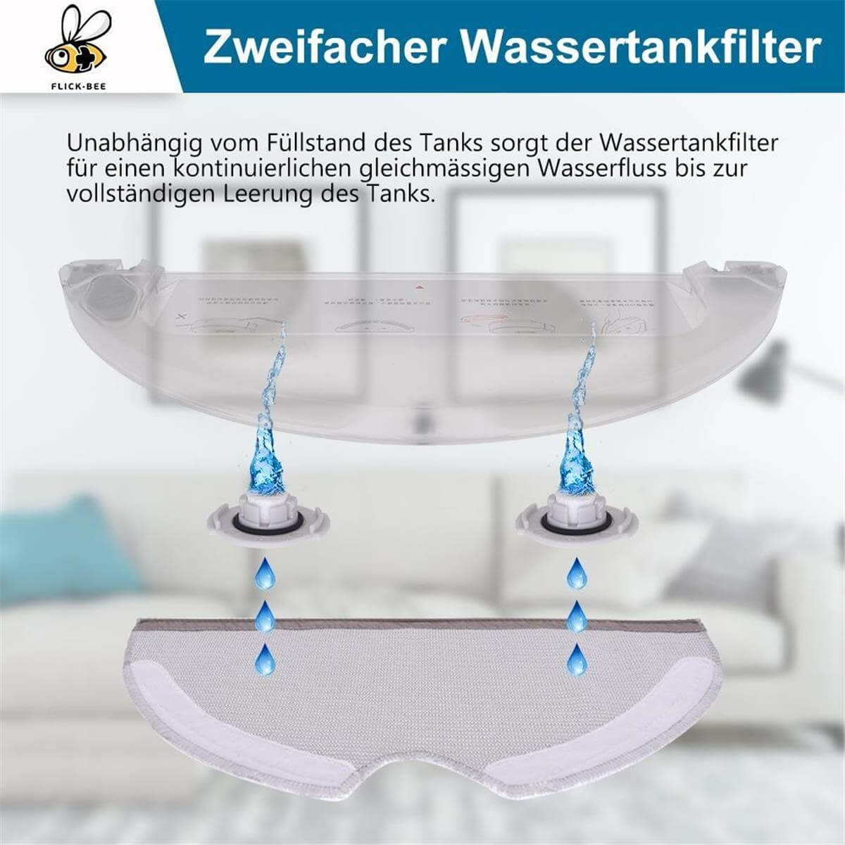 Double filtre de réservoir d'eau assurant un débit régulier vers la serpillère.