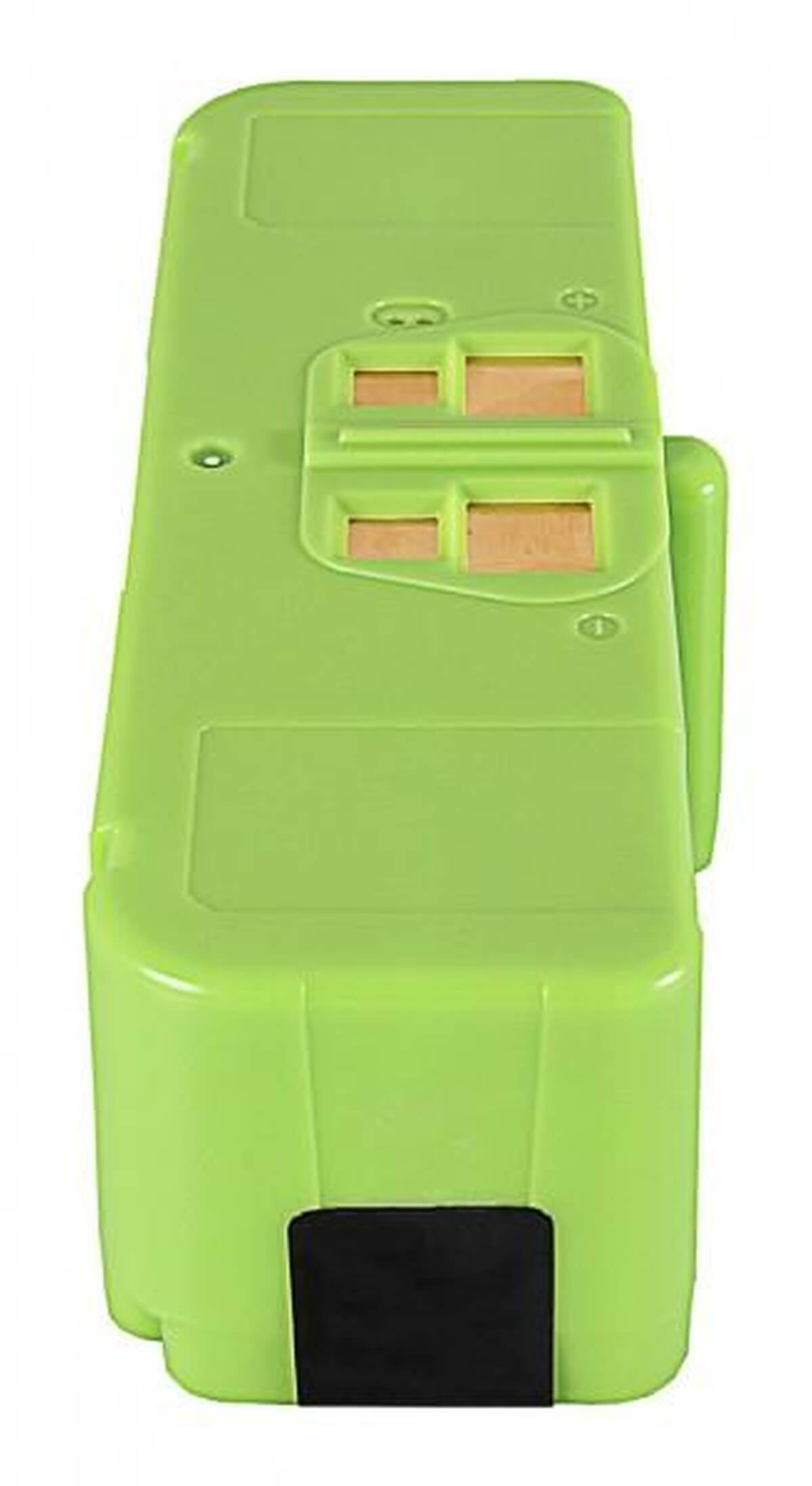 Batterie en plastique vert clair avec quatre contacts en cuivre visibles sur le dessus et une base noire.